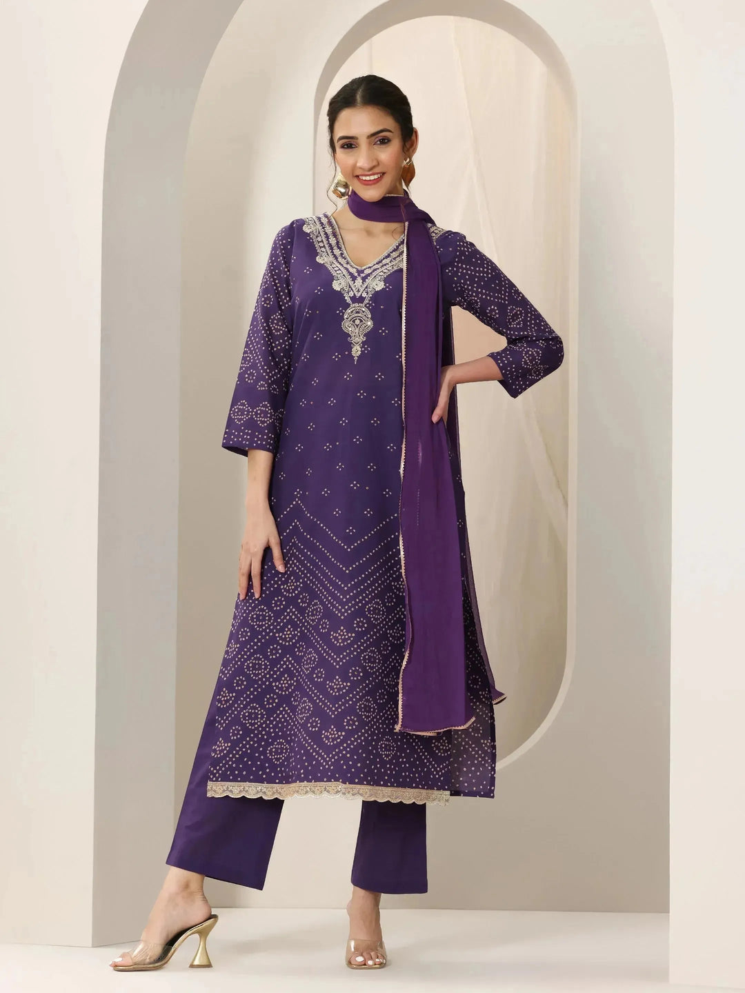  Purple Printed Cotton Straight Suit Set With Dupatta 