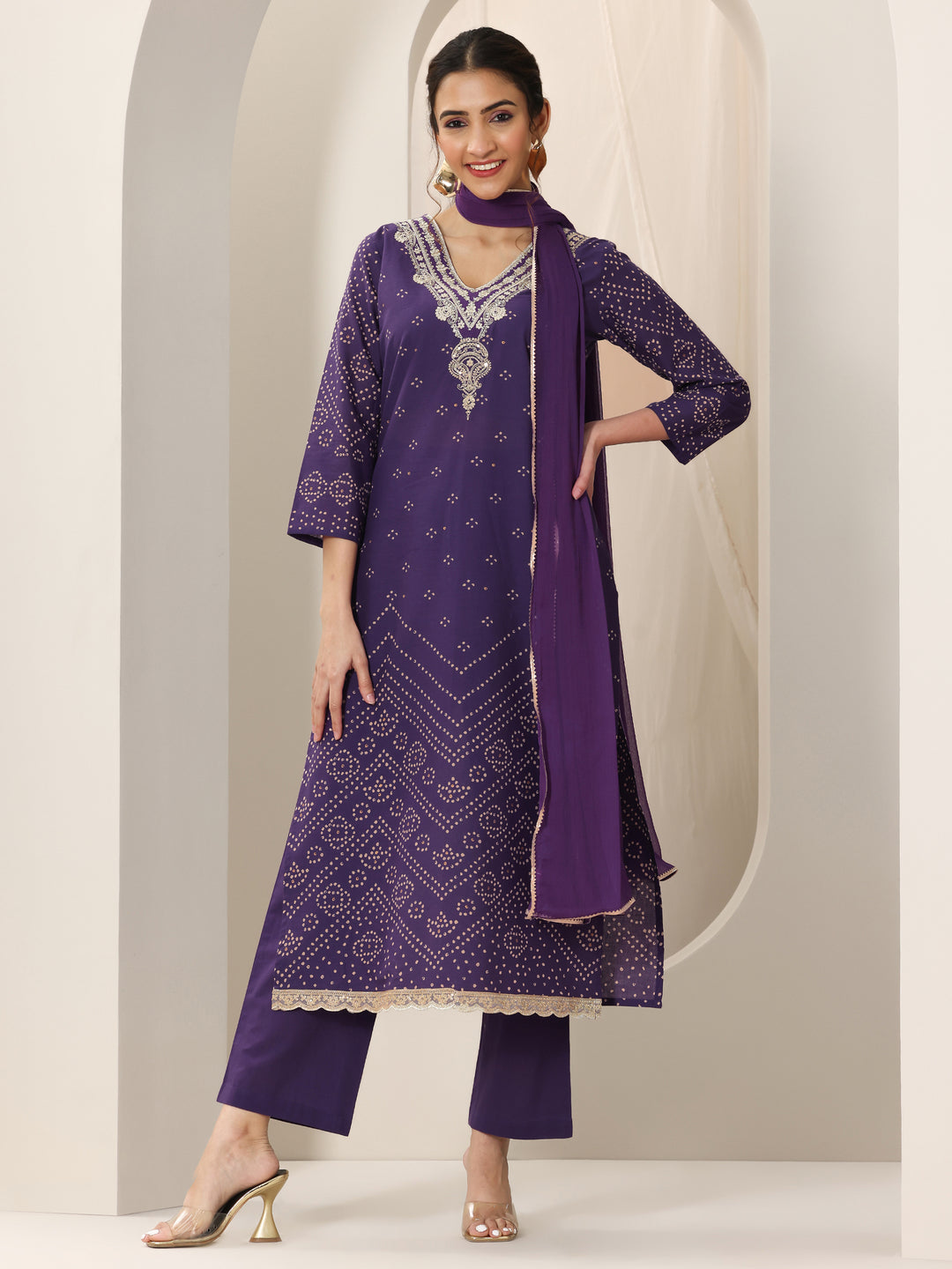  Purple Printed Cotton Straight Suit Set With Dupatta 