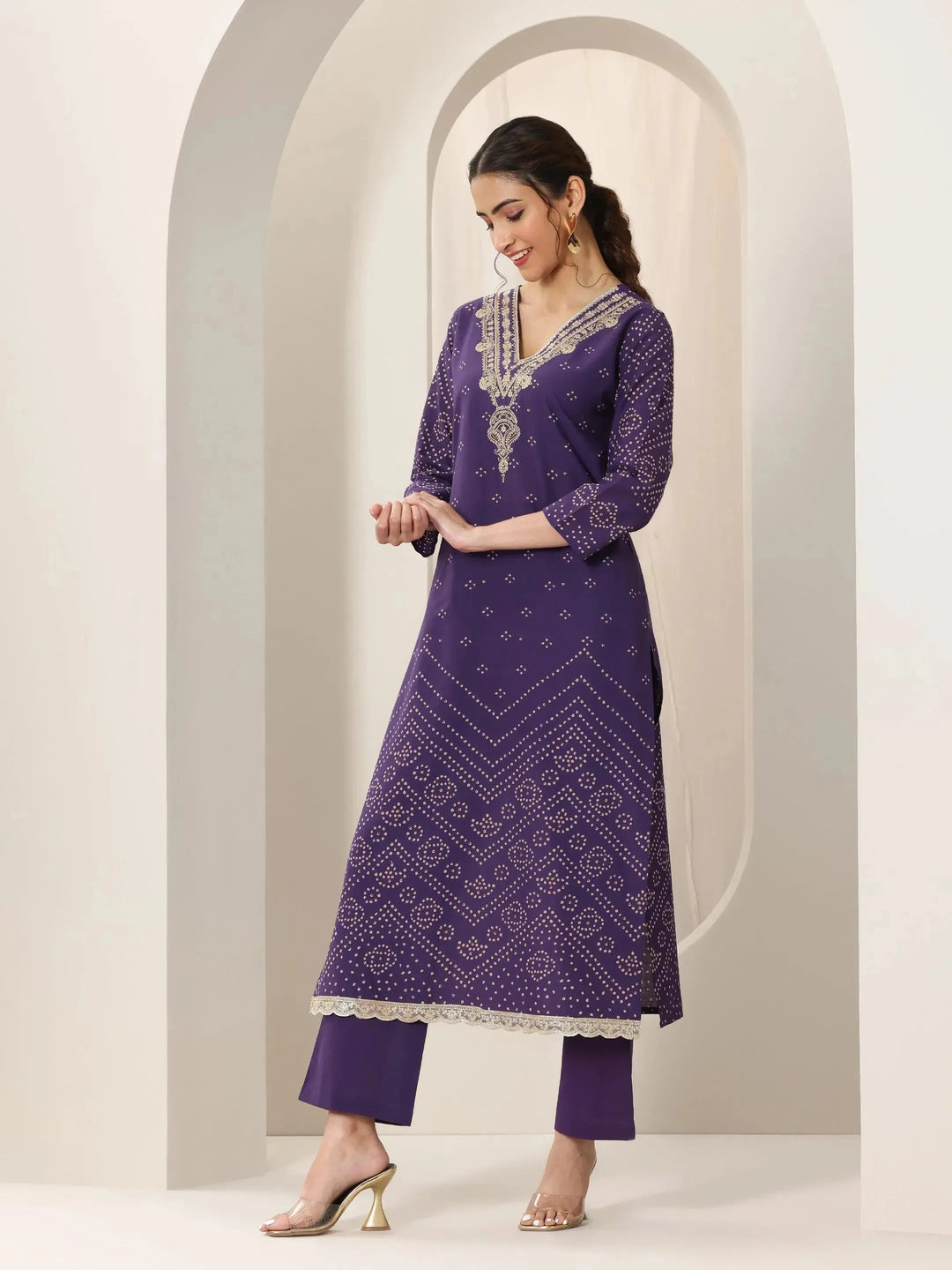 Purple Printed Cotton Straight Suit Set With Dupatta