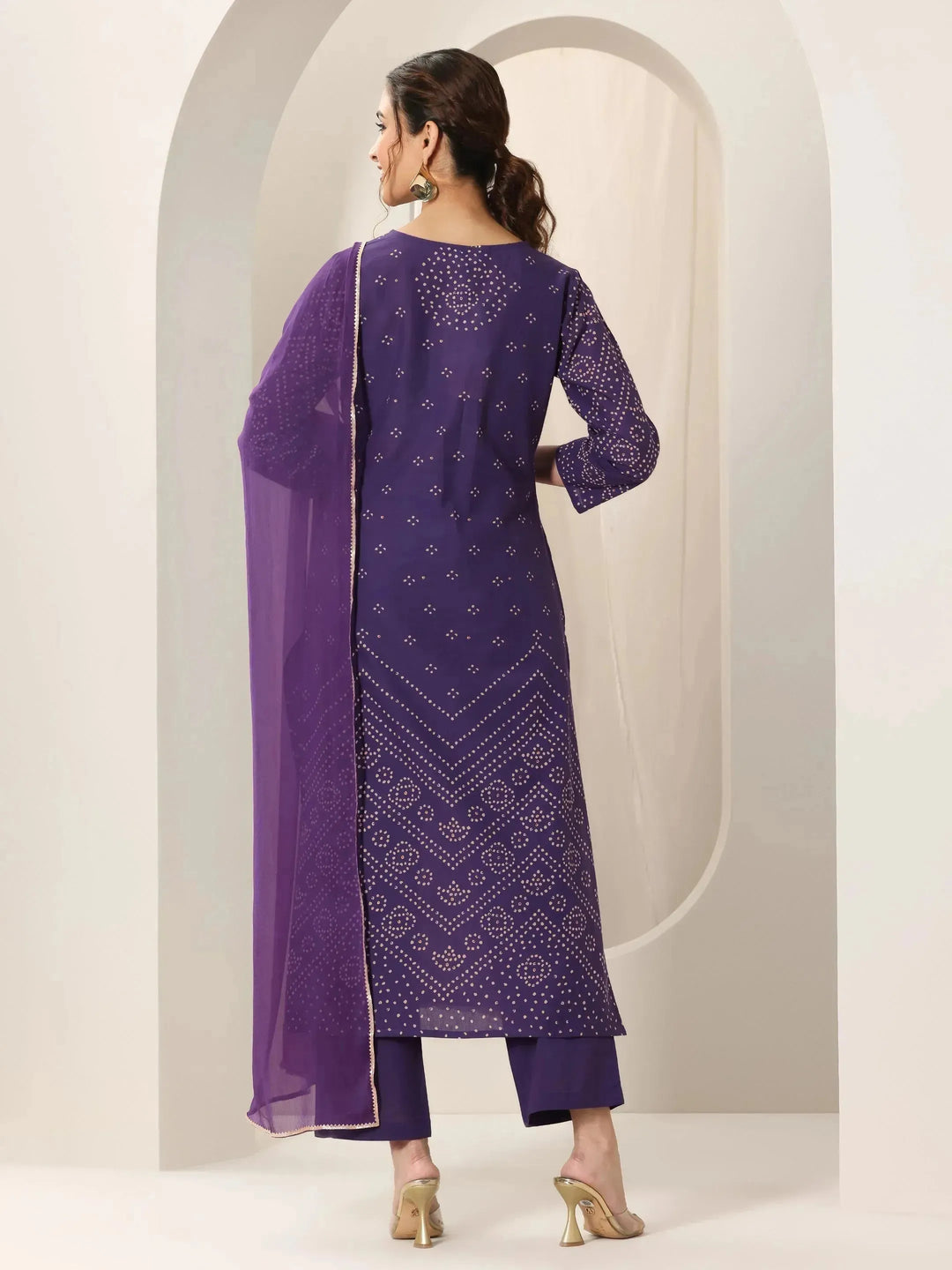  Purple Printed Cotton Straight Suit Set With Dupatta 