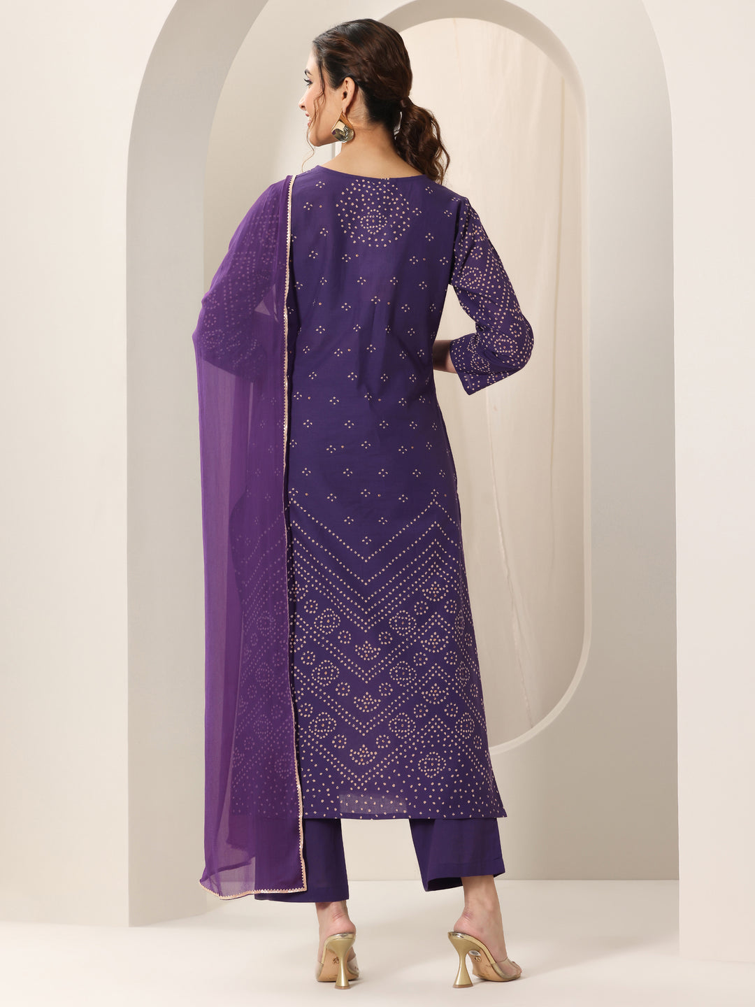  Purple Printed Cotton Straight Suit Set With Dupatta 