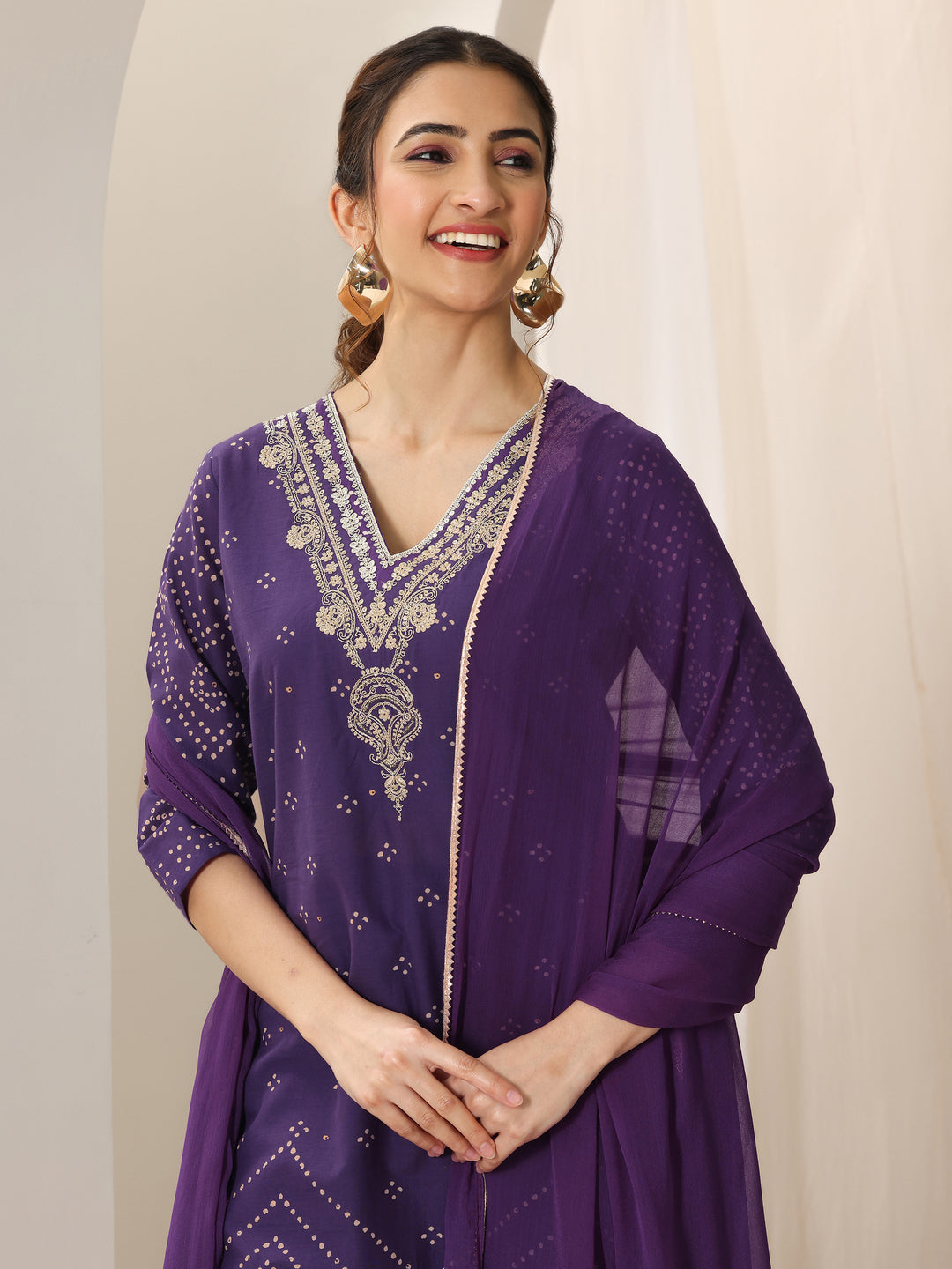  Purple Printed Cotton Straight Suit Set With Dupatta 
