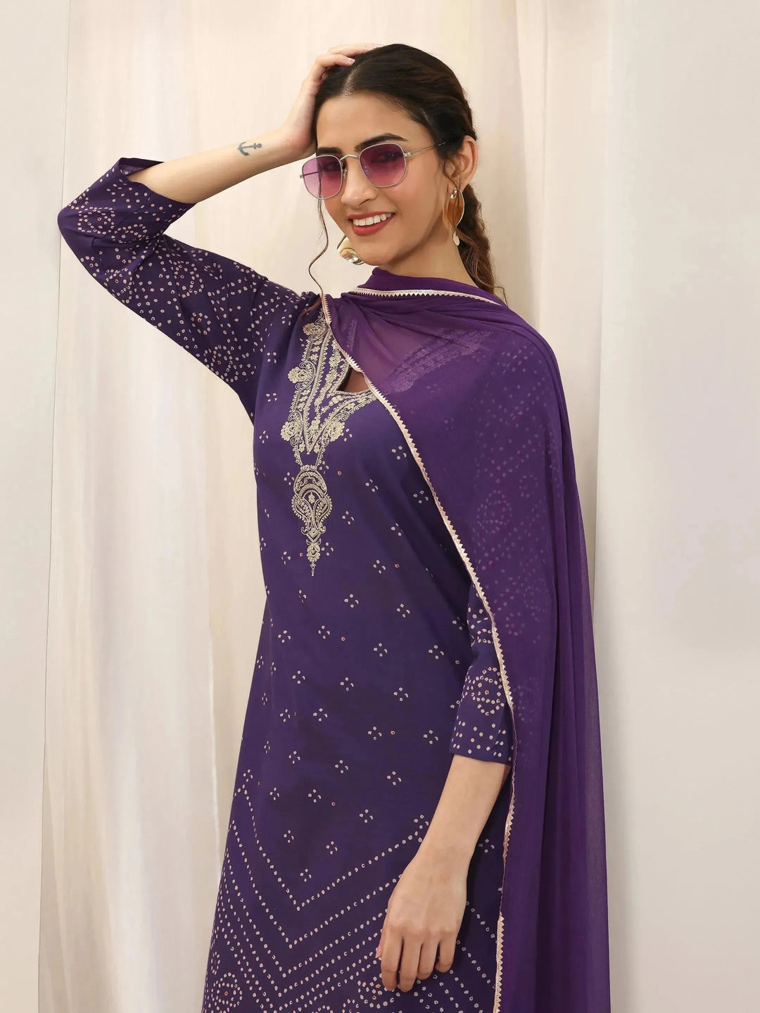  Purple Printed Cotton Straight Suit Set With Dupatta 
