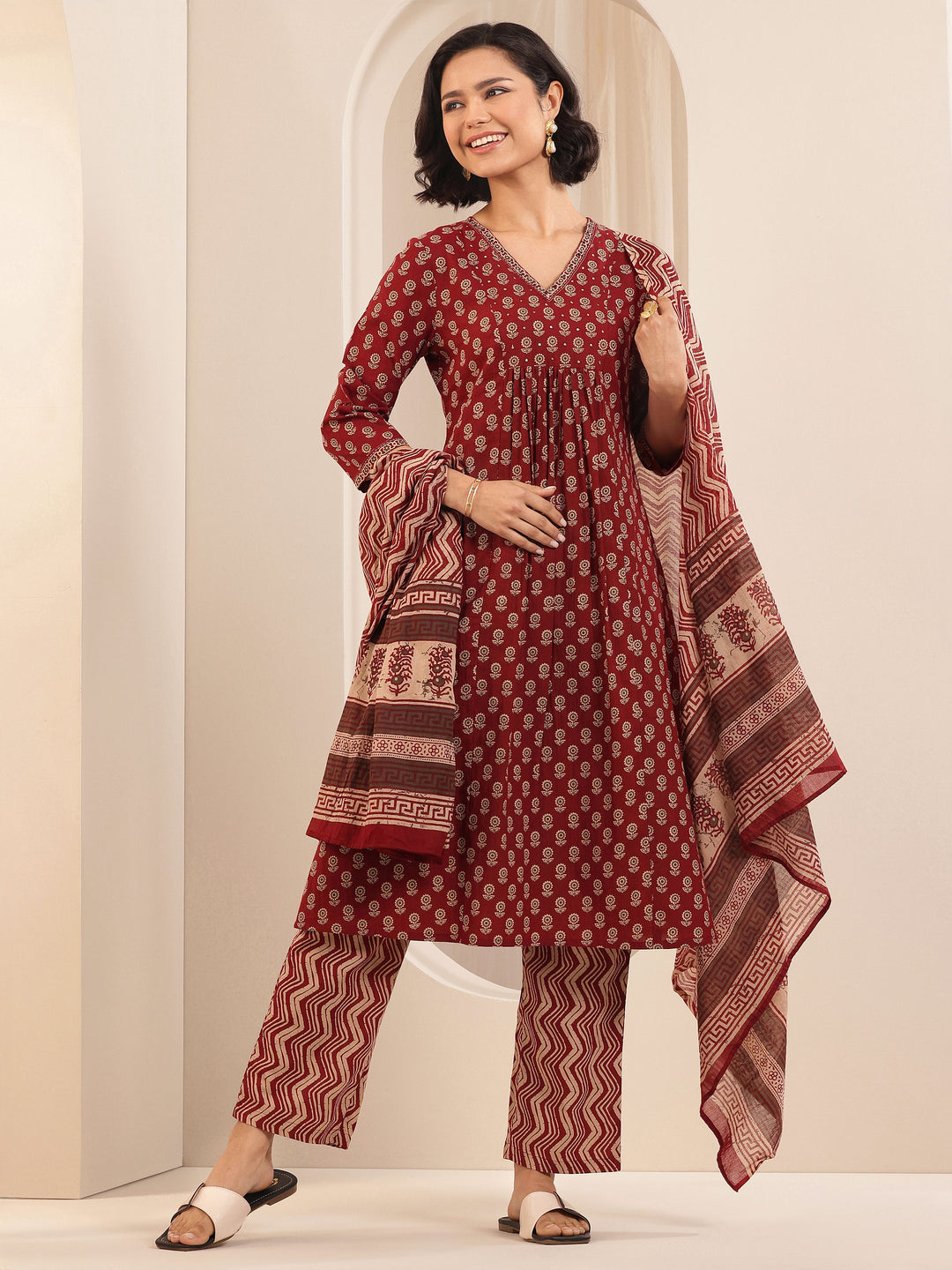  Maroon Printed Cotton A-line Suit Sets With Dupatta 