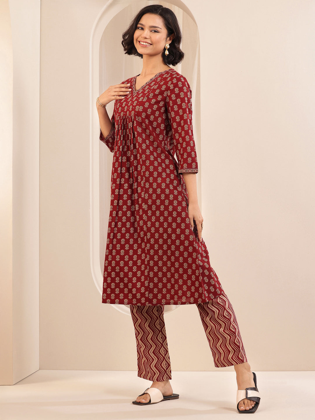  Maroon Printed Cotton A-line Suit Sets With Dupatta 