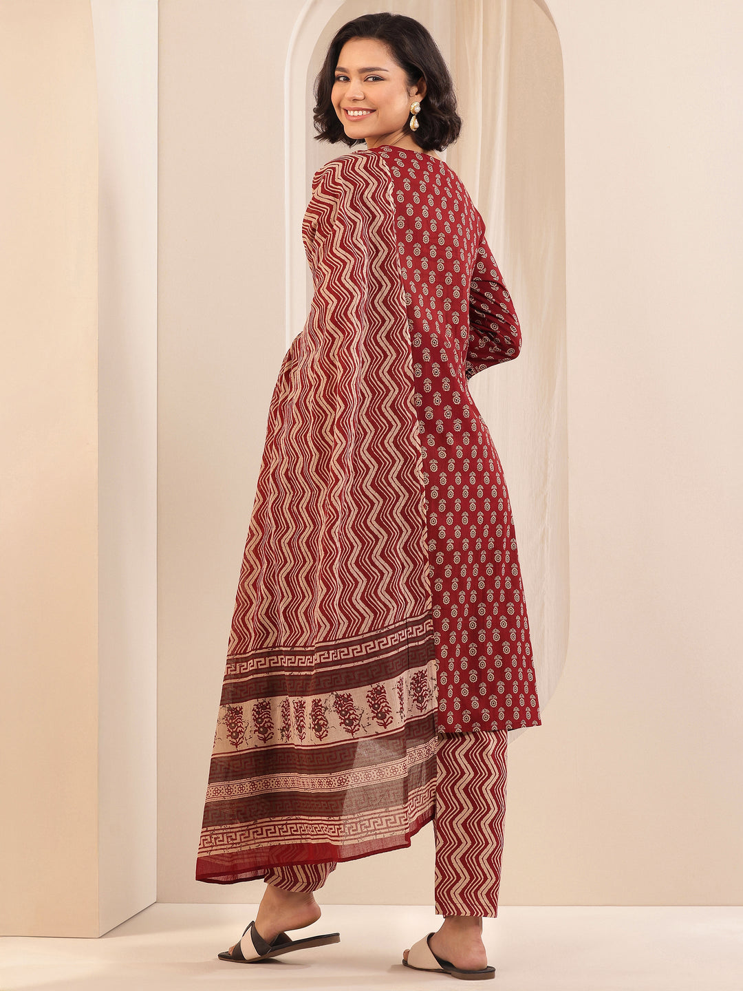  Maroon Printed Cotton A-line Suit Sets With Dupatta 
