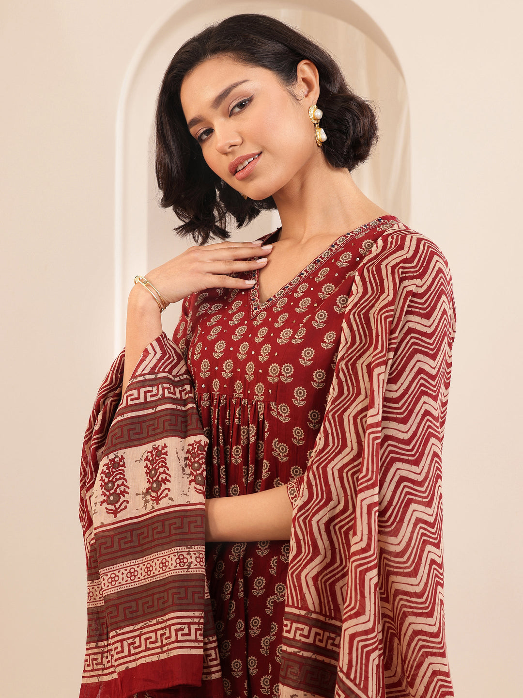  Maroon Printed Cotton A-line Suit Sets With Dupatta 