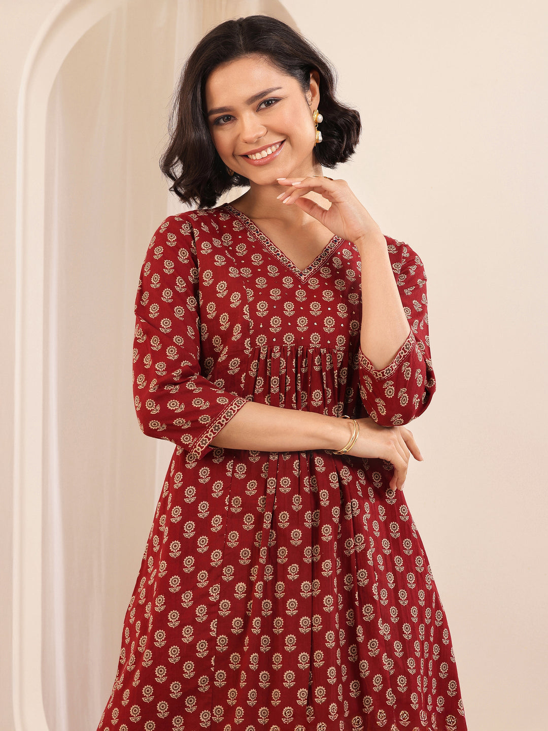  Maroon Printed Cotton A-line Suit Sets With Dupatta 