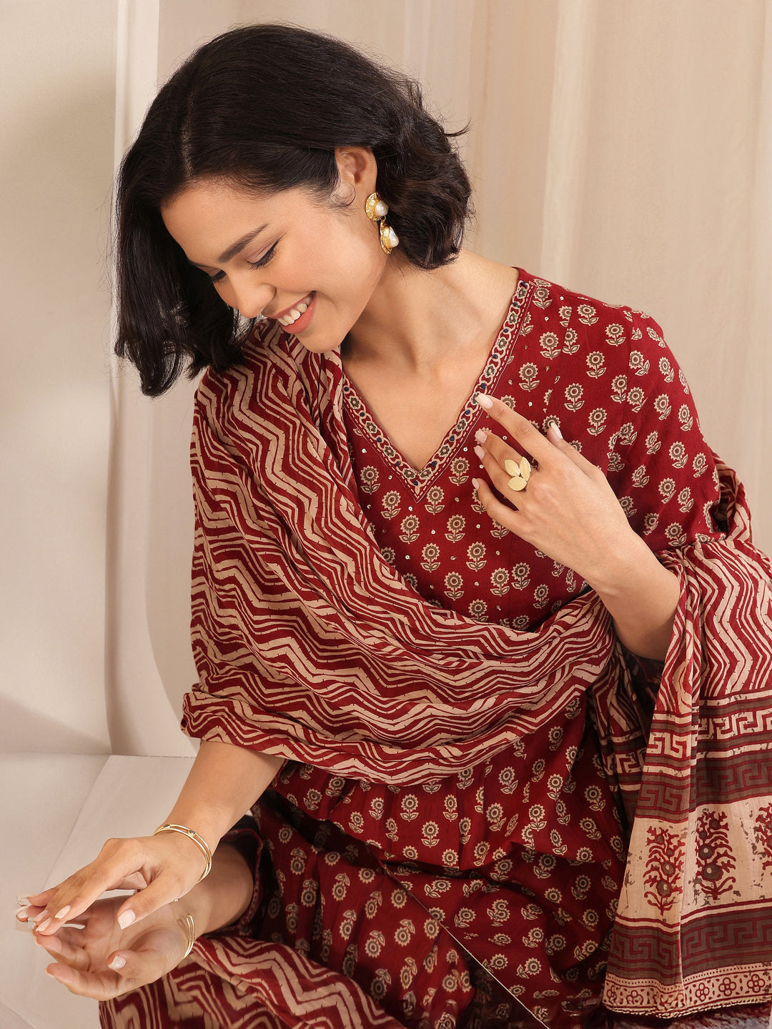  Maroon Printed Cotton A-line Suit Sets With Dupatta 