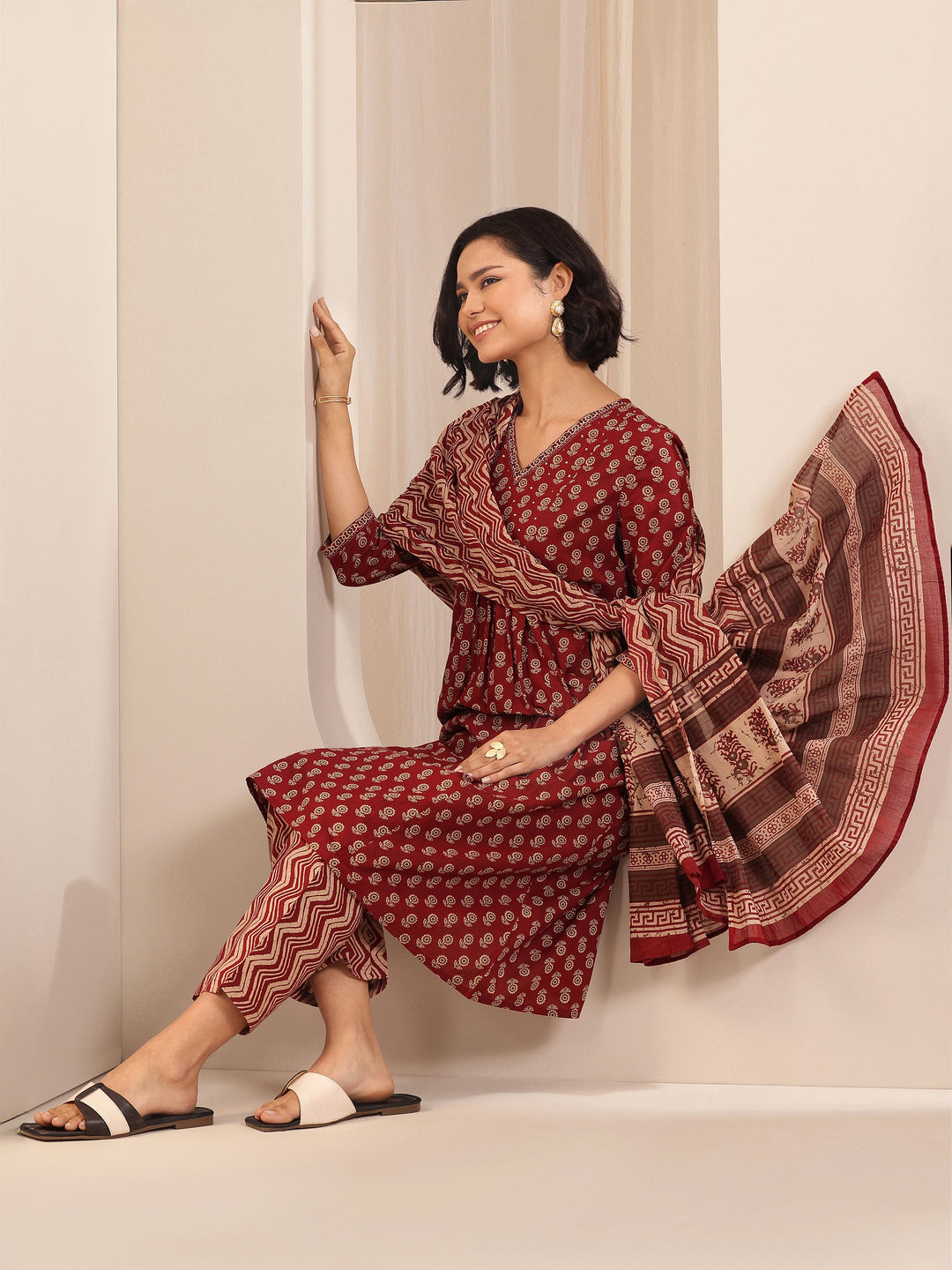  Maroon Printed Cotton A-line Suit Sets With Dupatta 