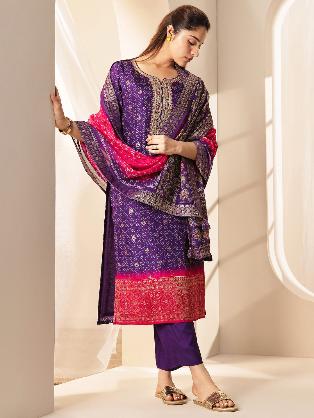 Purple Printed Silk Blend Straight Suit Sets With Dupatta
