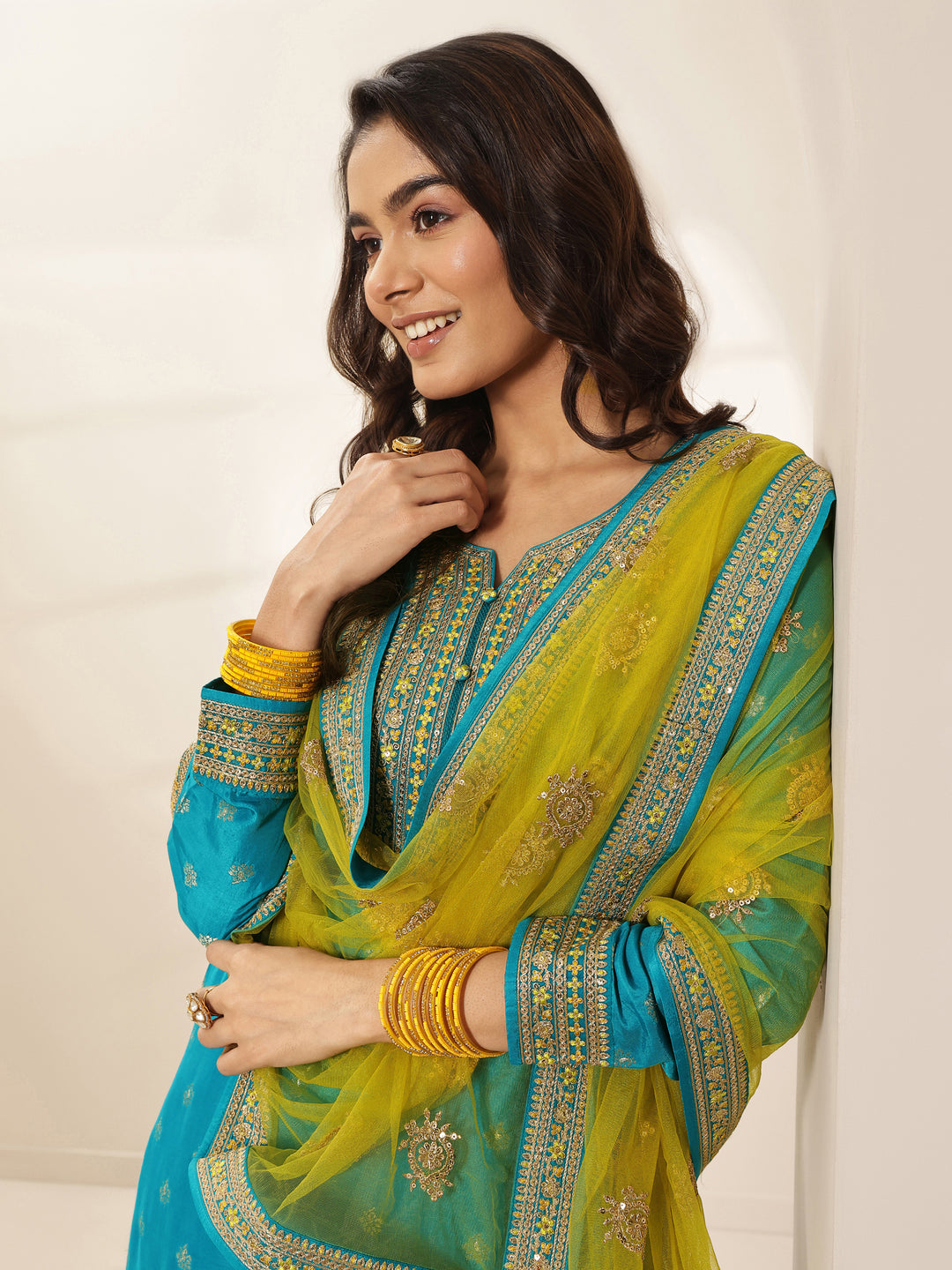 Blue Self Design Silk Blend Straight Suit Sets With Dupatta
