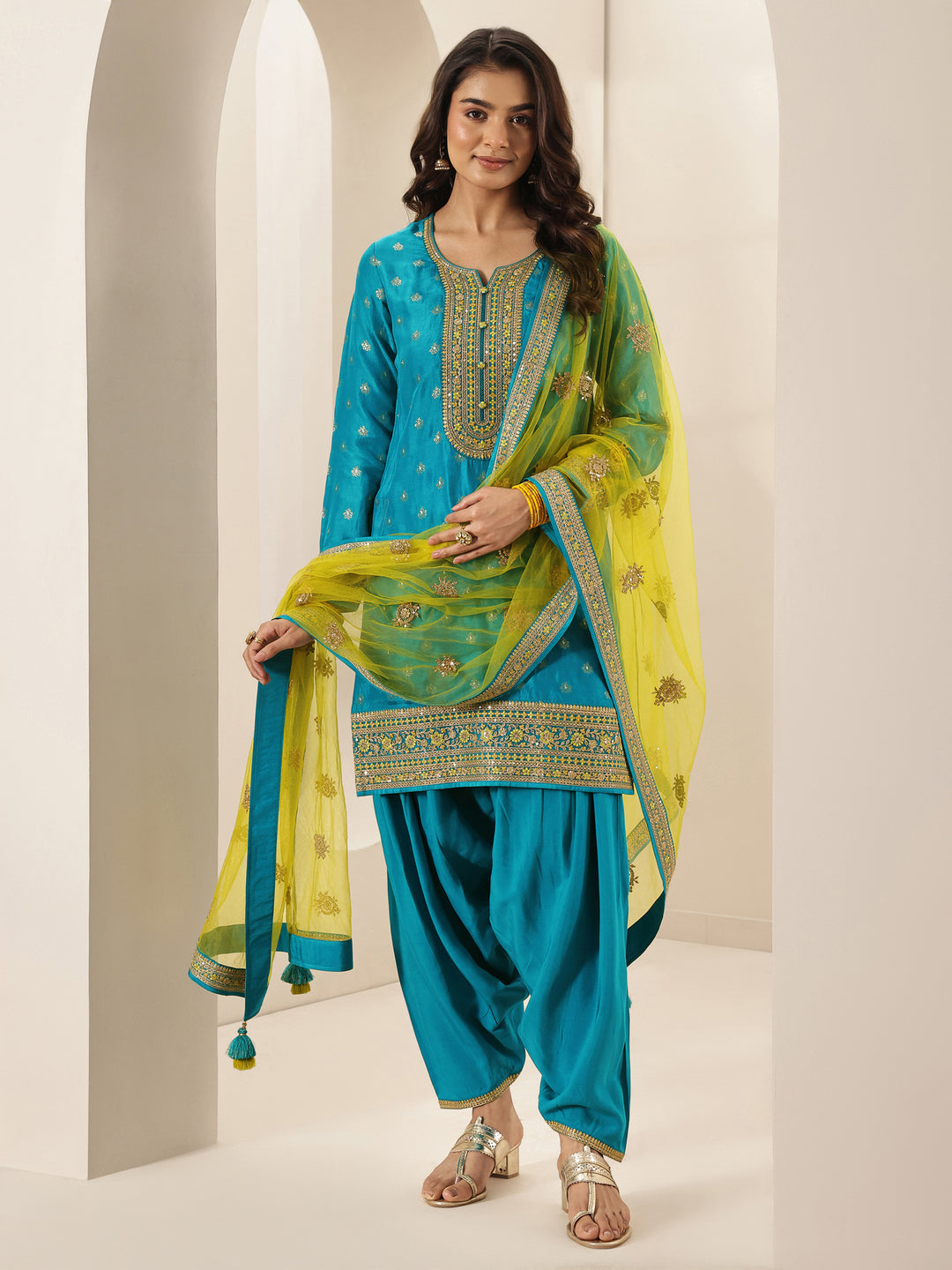  Libas Art Blue Self Design Silk Blend Straight Suit Sets With Dupatta 