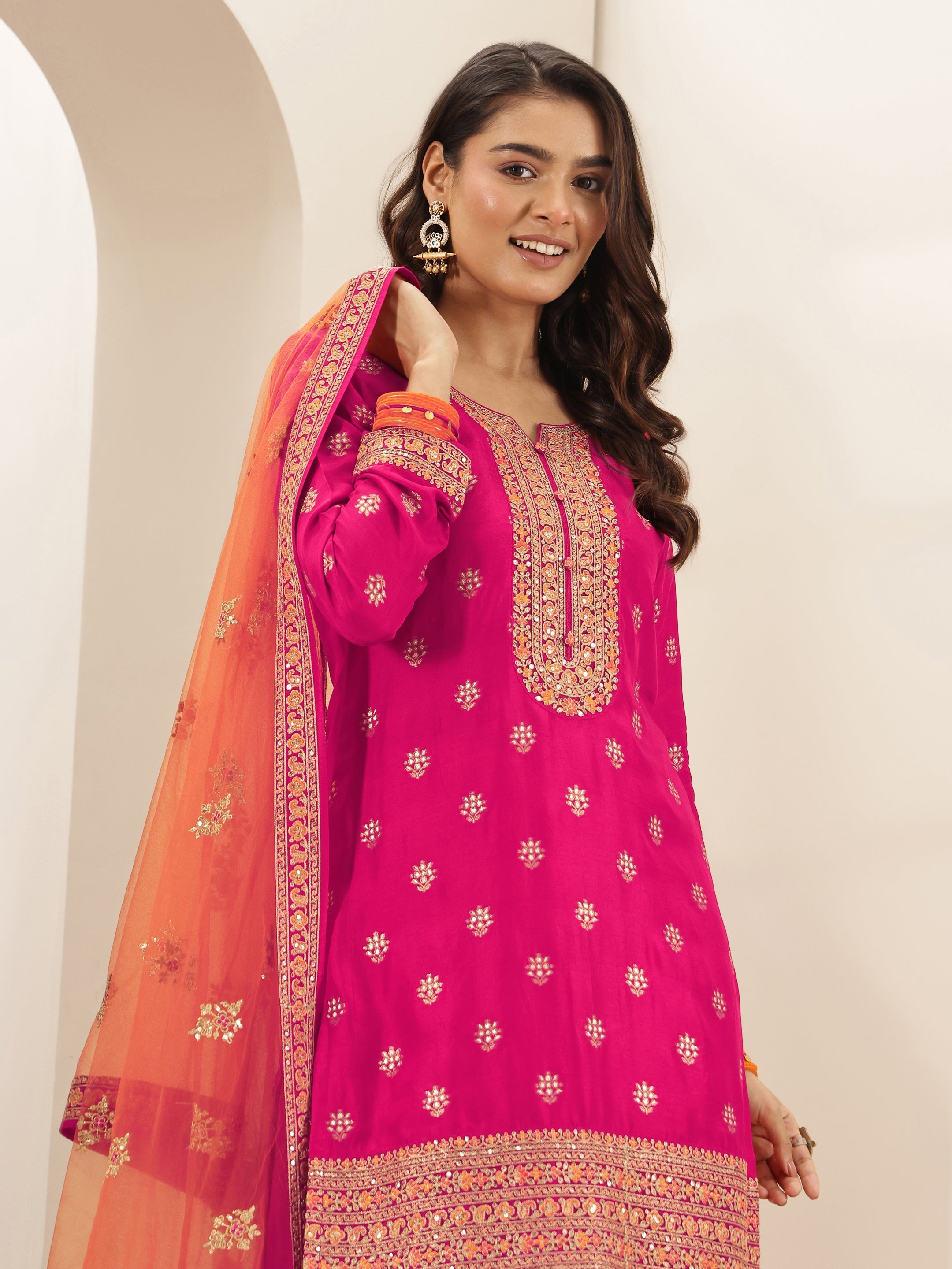 libas Pink Self Design Silk Blend Straight Suit Sets With Dupatta-picture-45