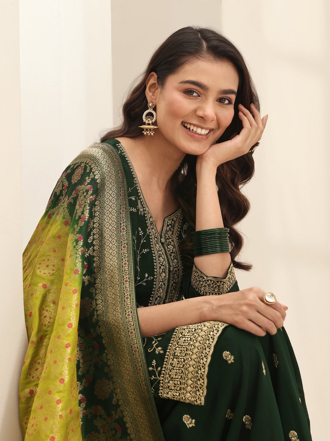  Libas Art Green Embroidered Silk Blend Straight Suit Sets With Dupatta 