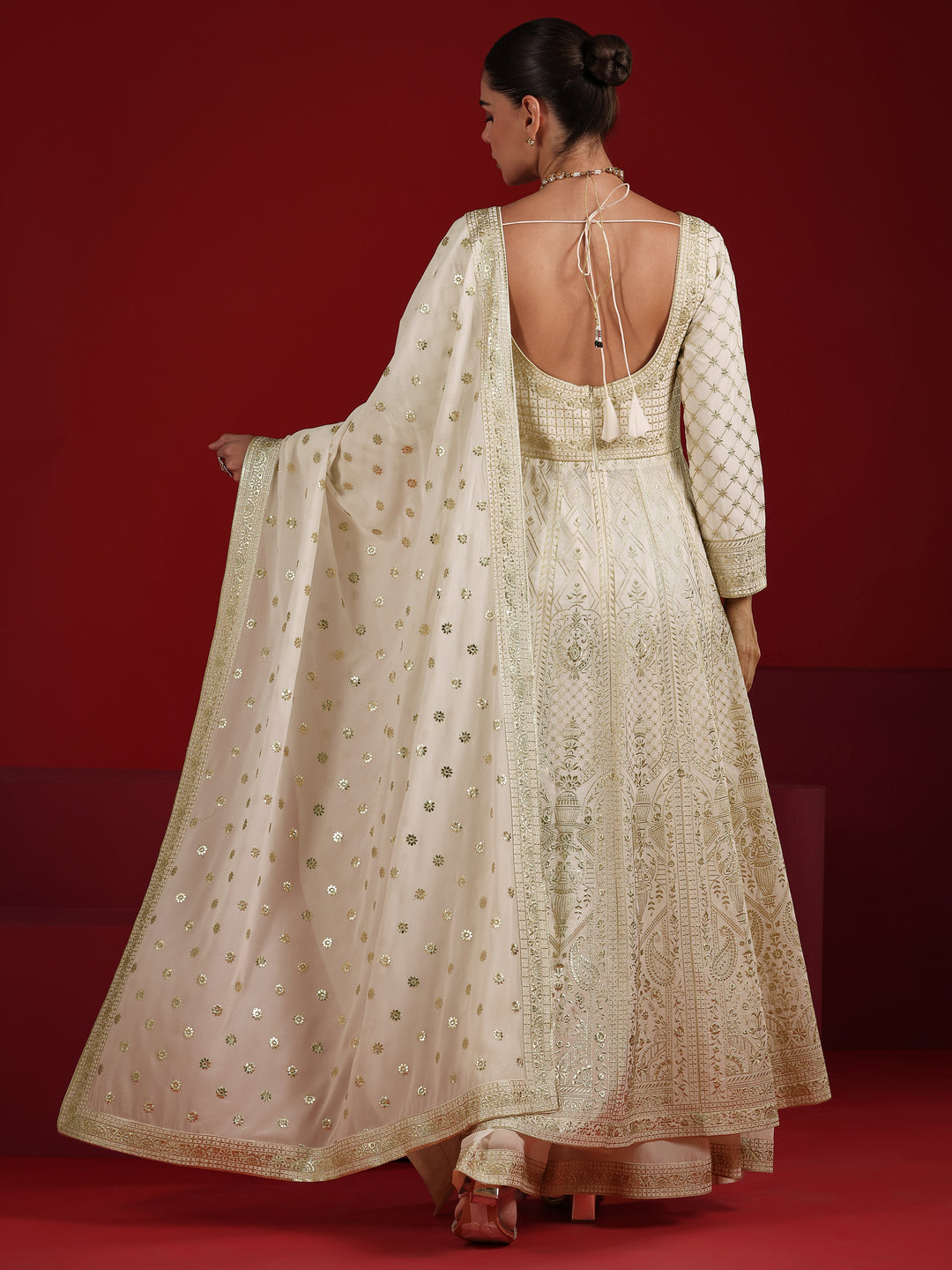  Libas Art Off White Embroidered Silk Blend Anarkali Suit Set With Dupatta 