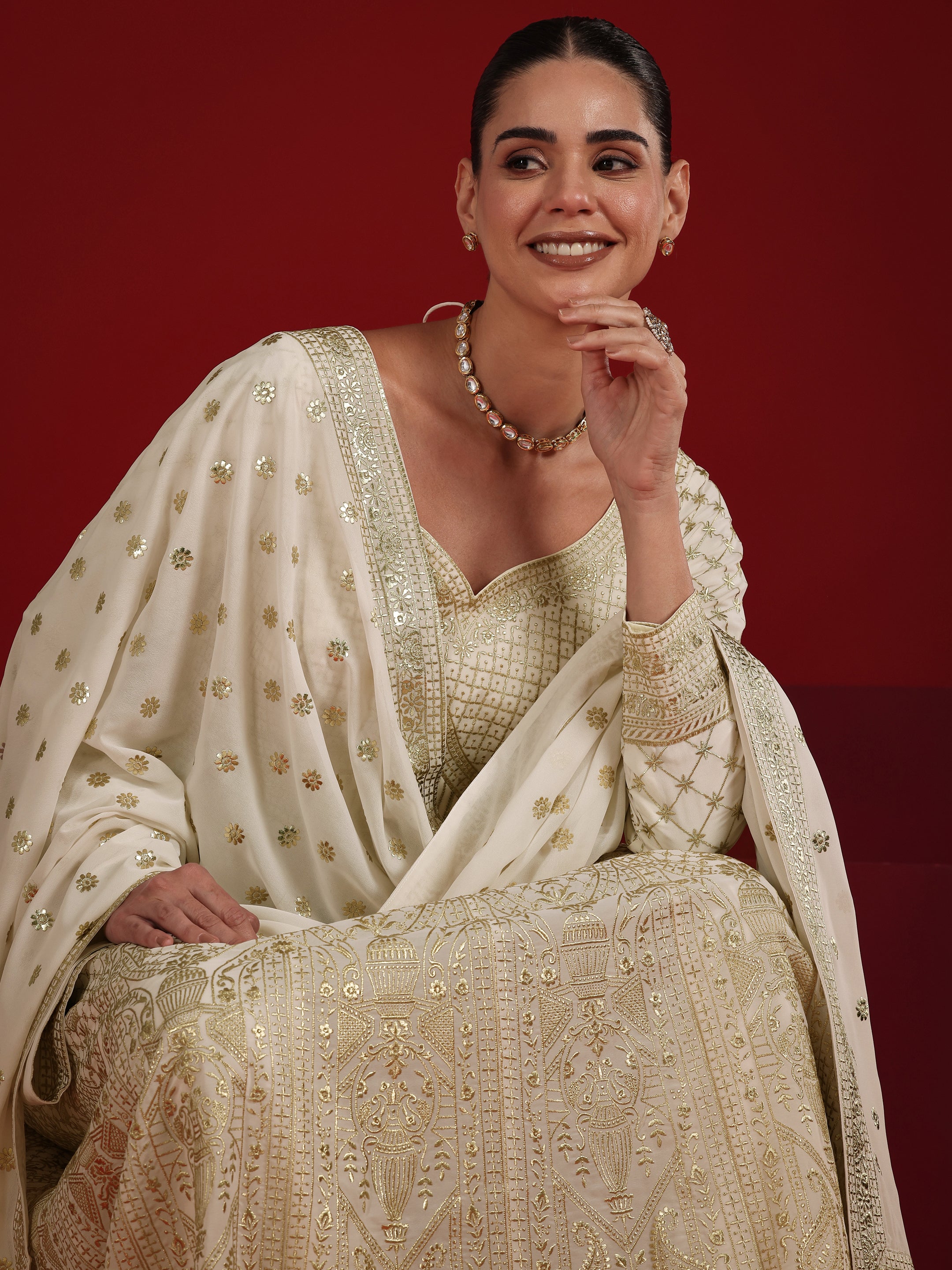 Libas Art Off White Embroidered Silk Blend Anarkali Suit Set With Dupatta-picture-19