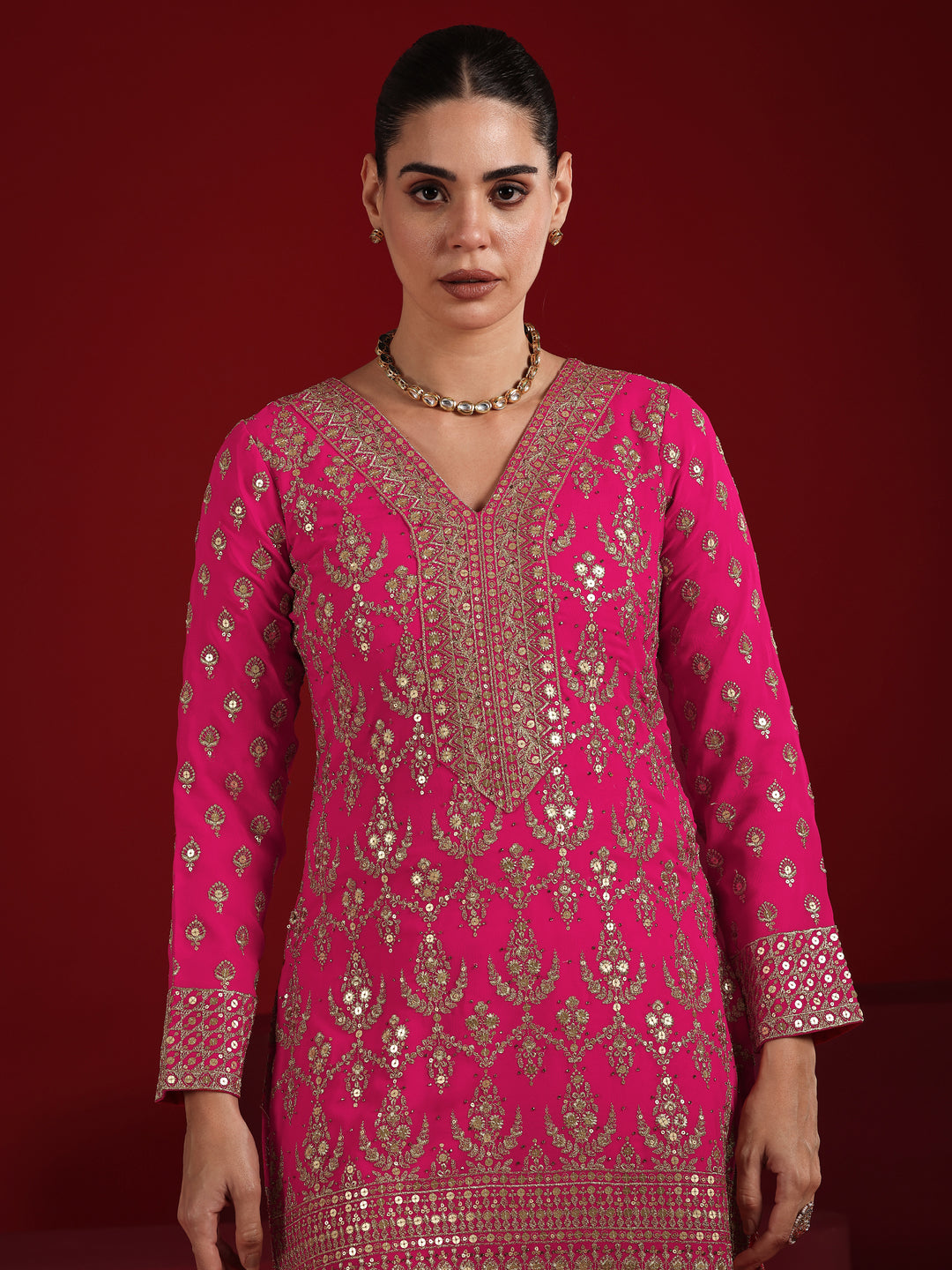  Libas Art Coral Embroidered Georgette Straight Suit Set With Dupatta 