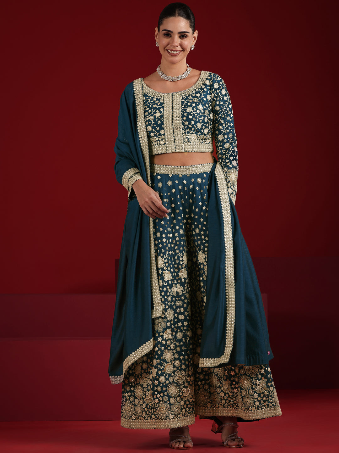  Libas Art Teal Embroidered Silk Blend 3 Piece Co-Ord Sets With Dupatta 