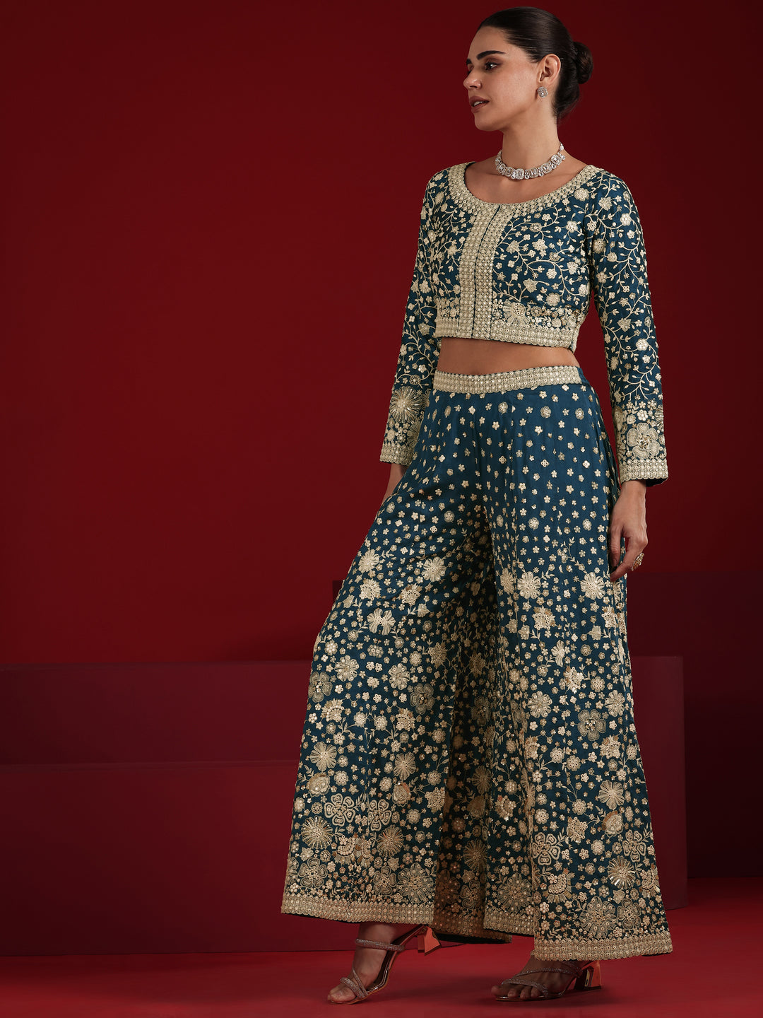  Libas Art Teal Embroidered Silk Blend 3 Piece Co-Ord Sets With Dupatta 