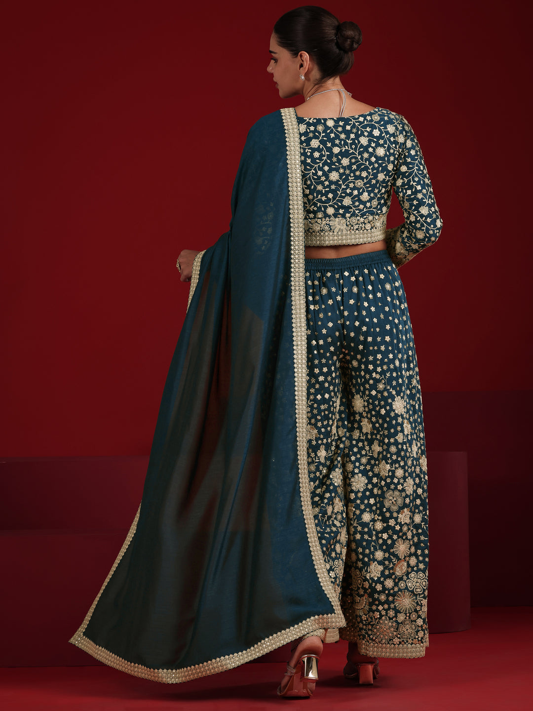  Libas Art Teal Embroidered Silk Blend 3 Piece Co-Ord Sets With Dupatta 