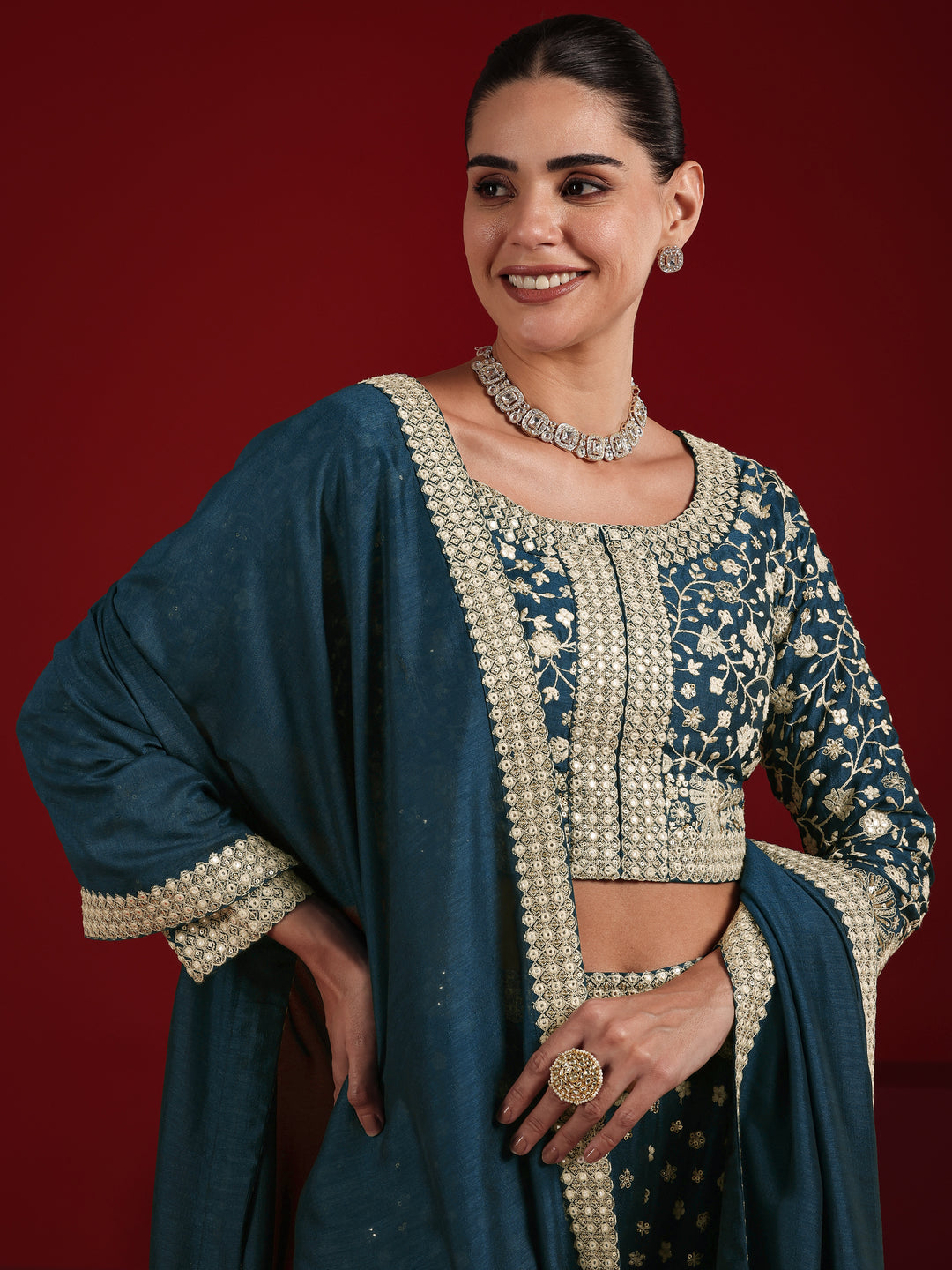  Libas Art Teal Embroidered Silk Blend 3 Piece Co-Ord Sets With Dupatta 