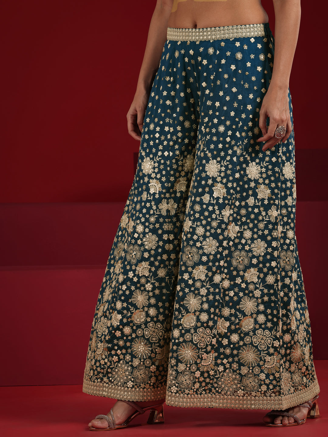  Libas Art Teal Embroidered Silk Blend 3 Piece Co-Ord Sets With Dupatta 
