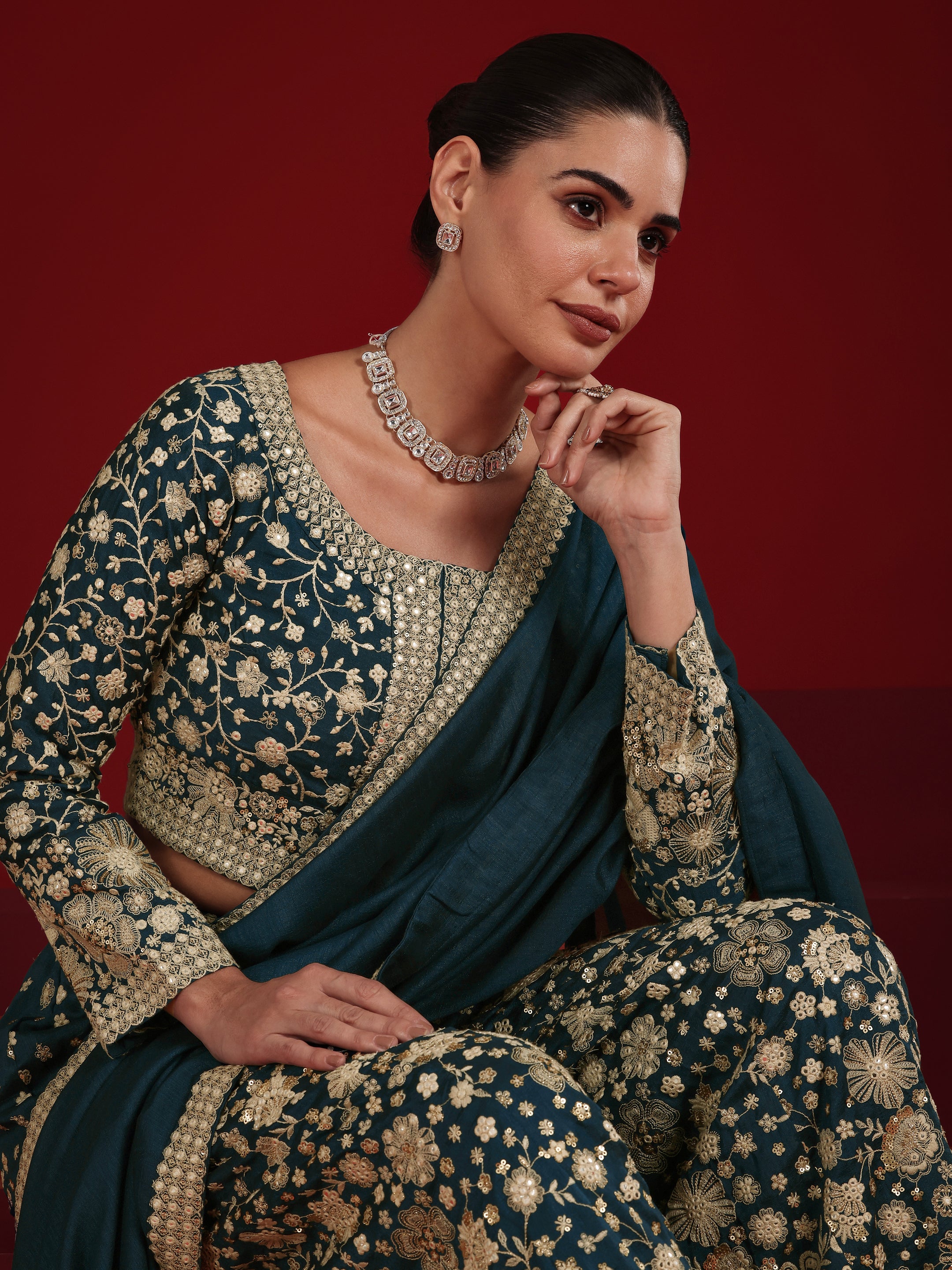Libas Art Teal Embroidered Silk Blend 3 Piece Co-Ord Sets With Dupatta-picture-37
