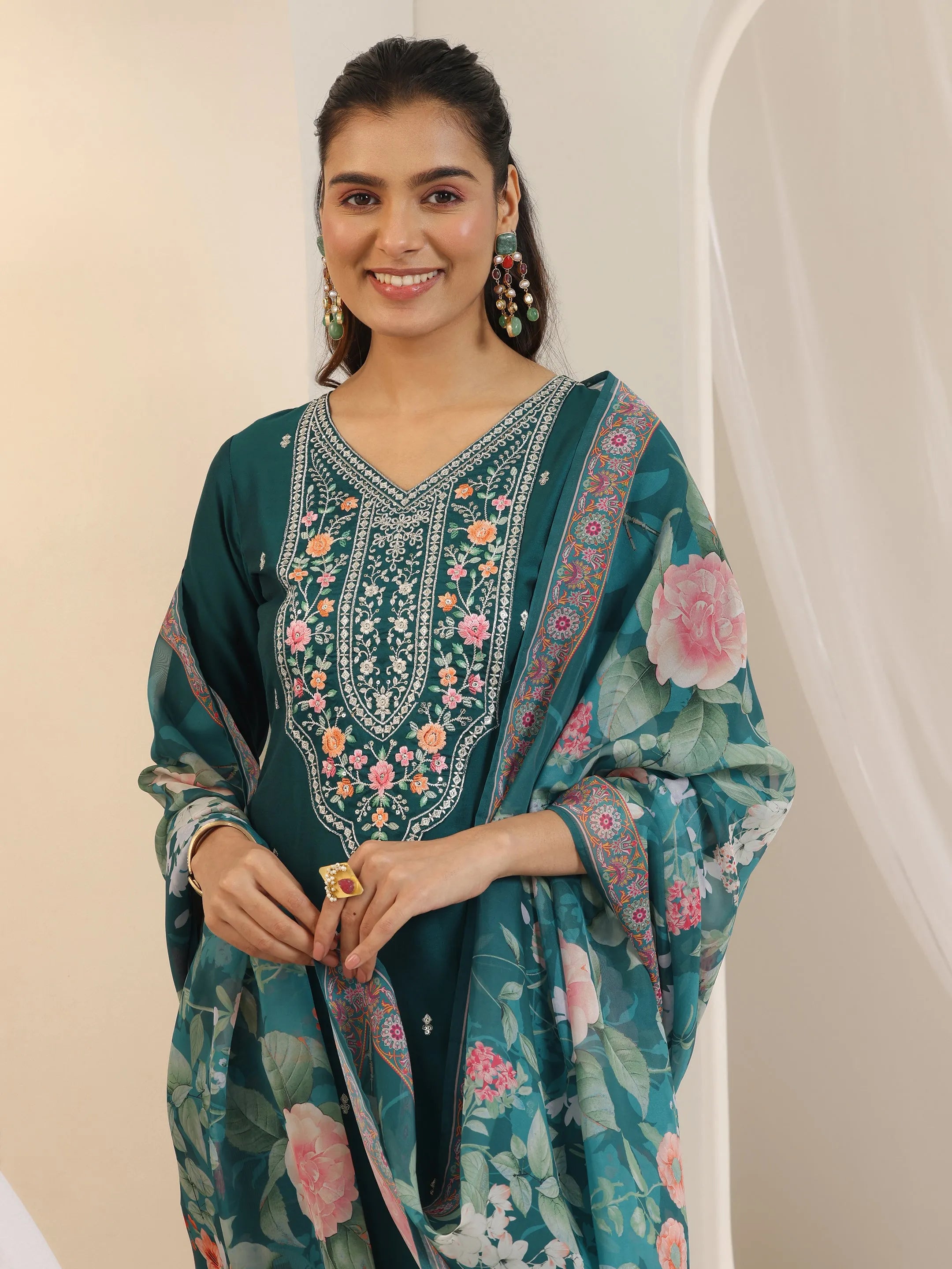 libas Teal Embroidered Silk Blend Straight Suit Set With Dupatta-picture-35