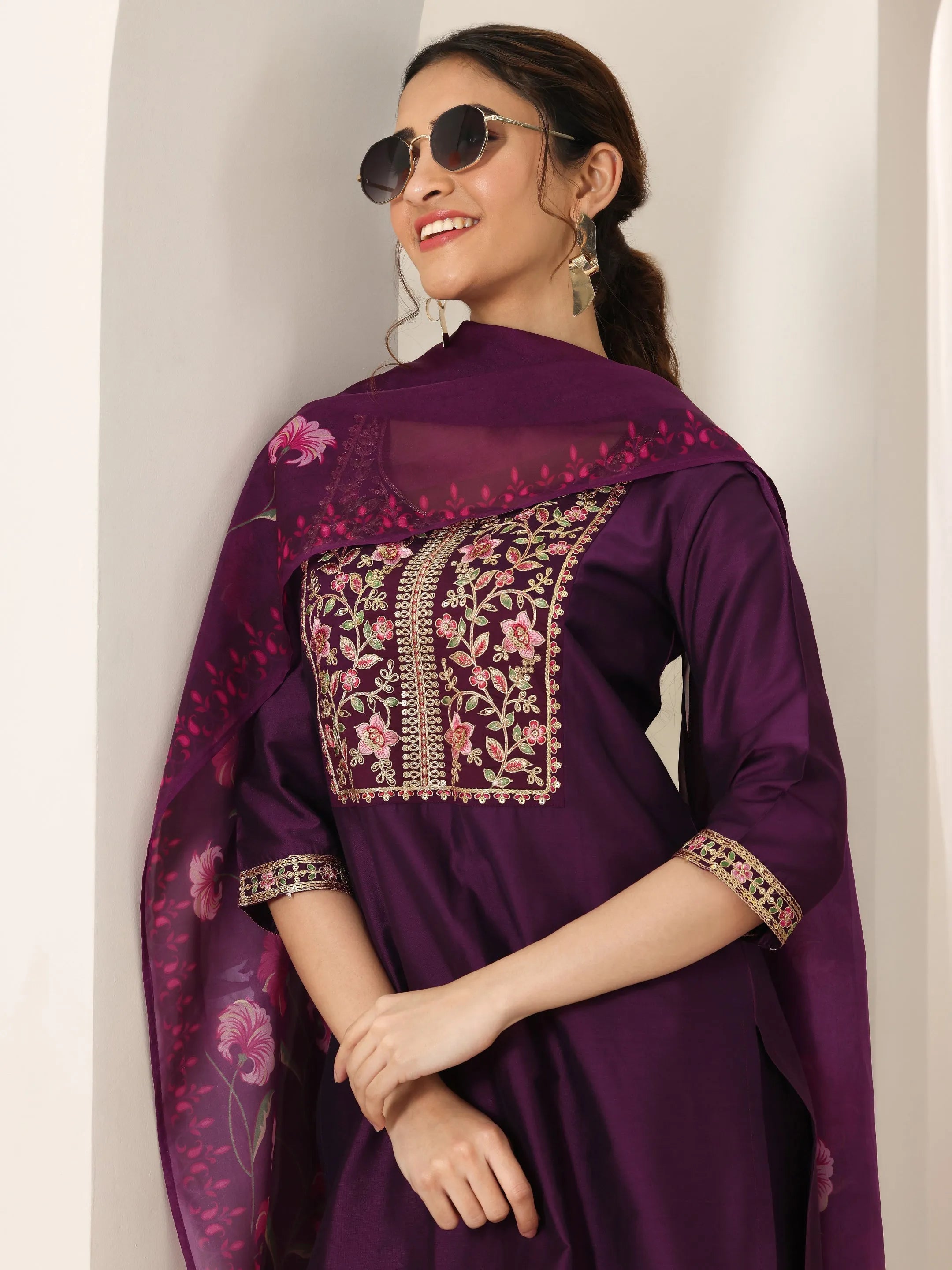 libas Burgundy Yoke Design Silk Blend Straight Suit Set With Dupatta-picture-42