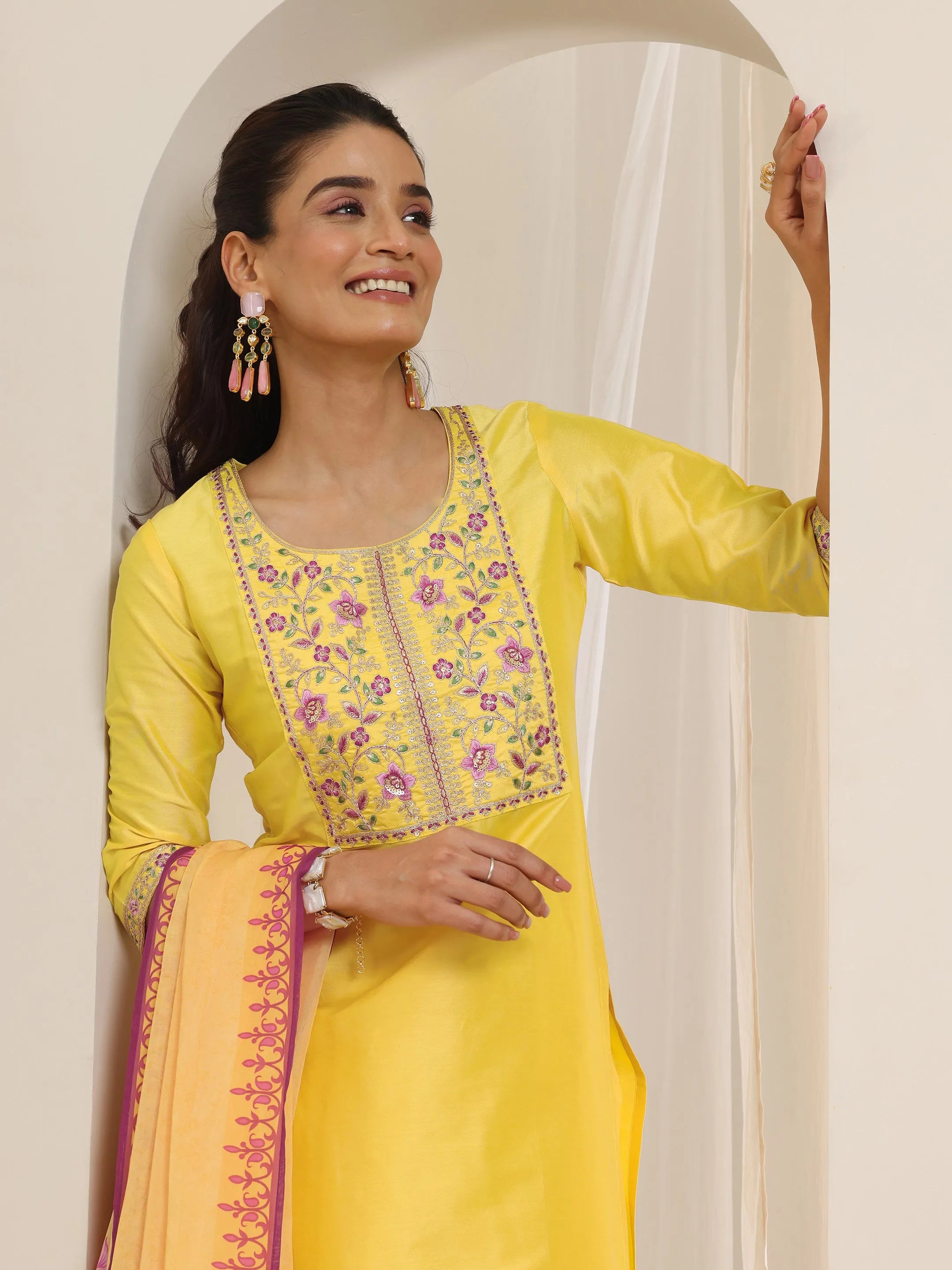 libas Yellow Yoke Design Silk Blend Straight Suit Set With Dupatta-picture-44