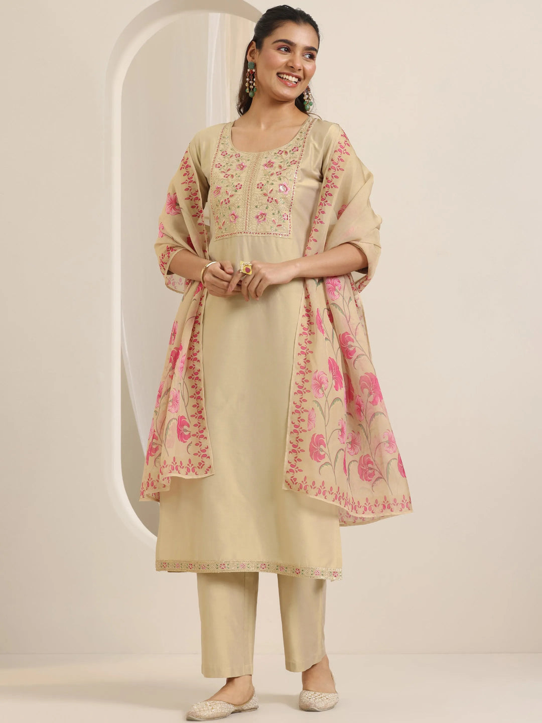 Gold Yoke Design Silk Blend Straight Suit Set With Dupatta