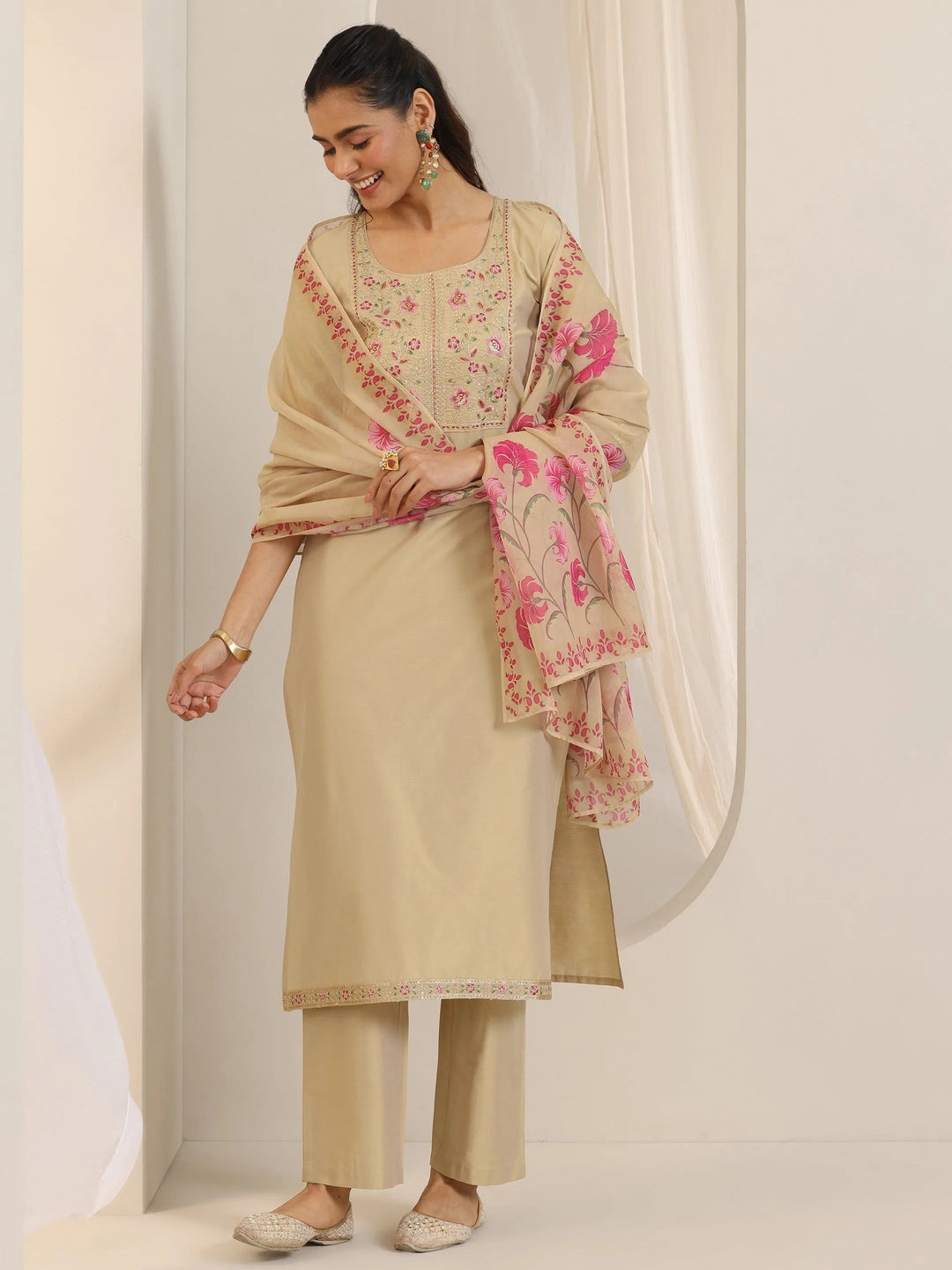  Gold Yoke Design Silk Blend Straight Suit Set With Dupatta 