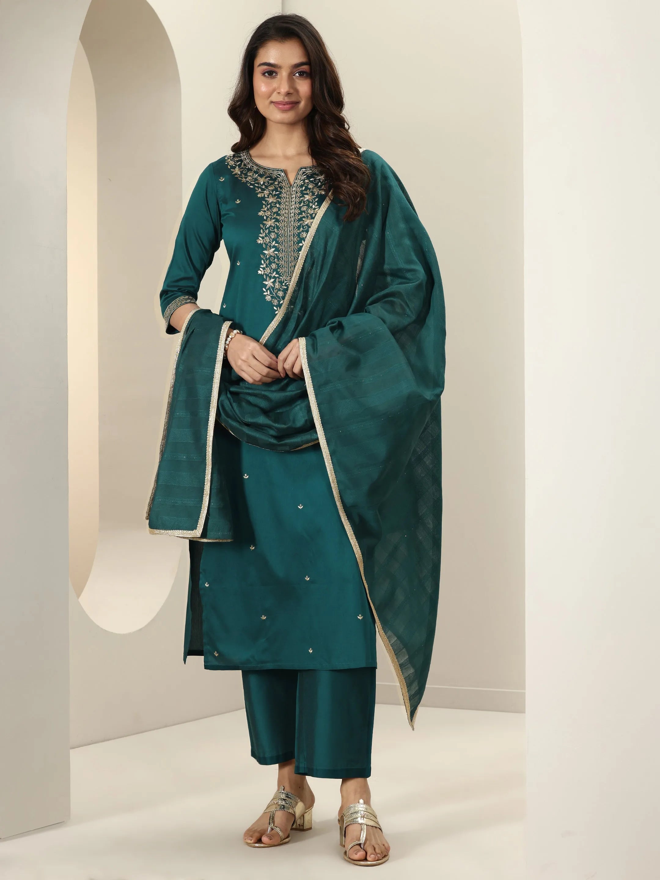 libas Teal Embroidered Silk Blend Straight Suit Set With Dupatta-picture-54