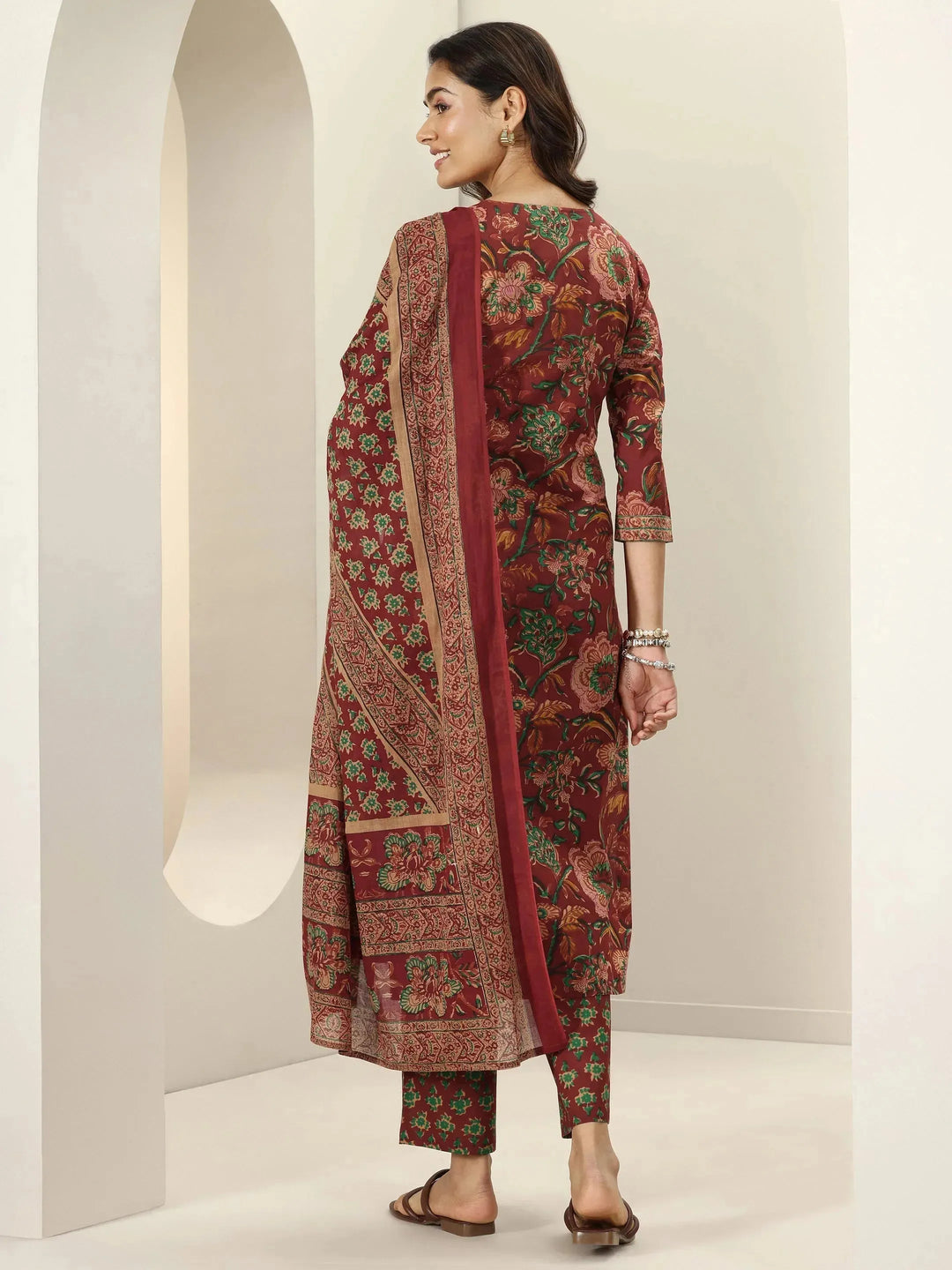  Maroon Printed Cotton Straight Suit Sets With Dupatta 