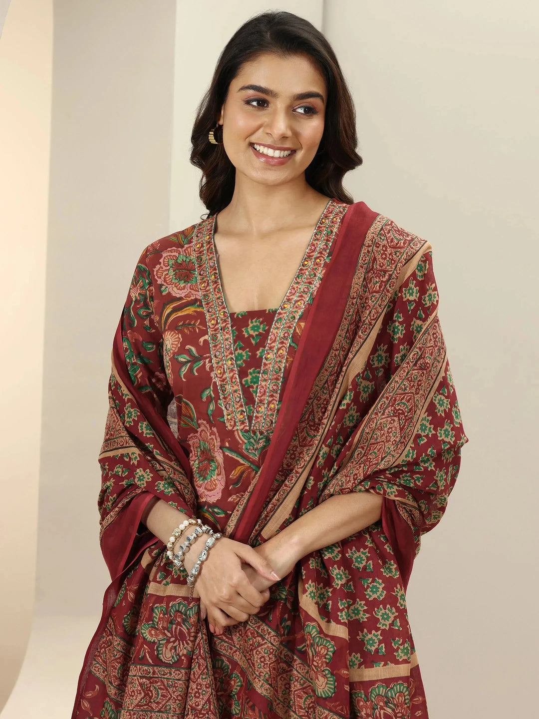  Maroon Printed Cotton Straight Suit Sets With Dupatta 