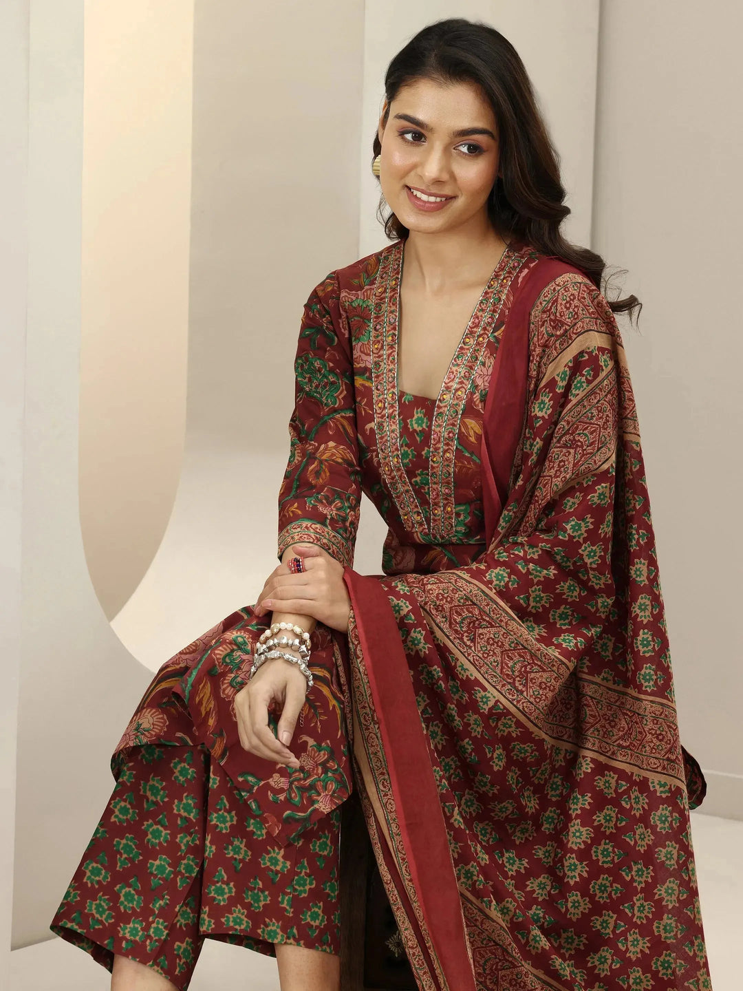 Maroon Printed Cotton Straight Suit Sets With Dupatta