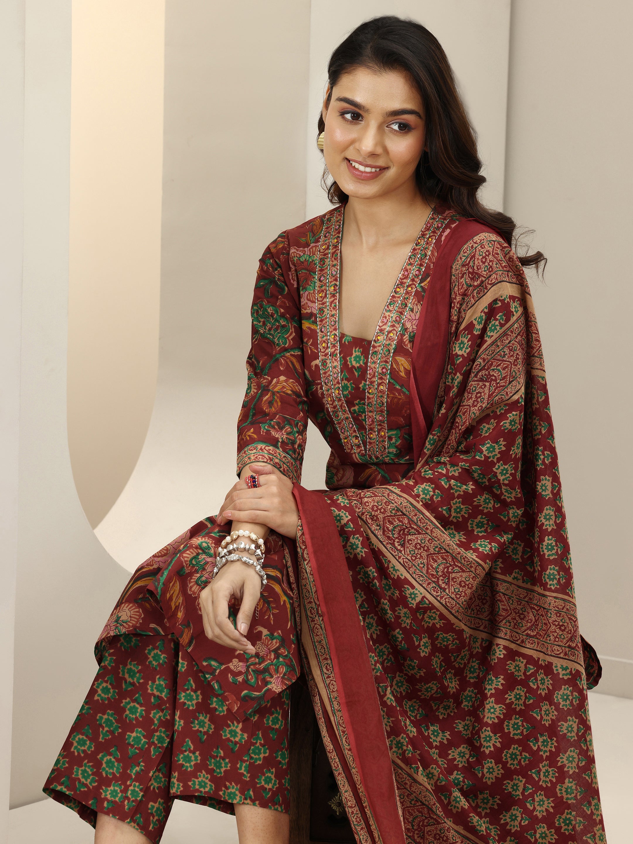 libas Maroon Printed Cotton Straight Suit Sets With Dupatta-picture-22