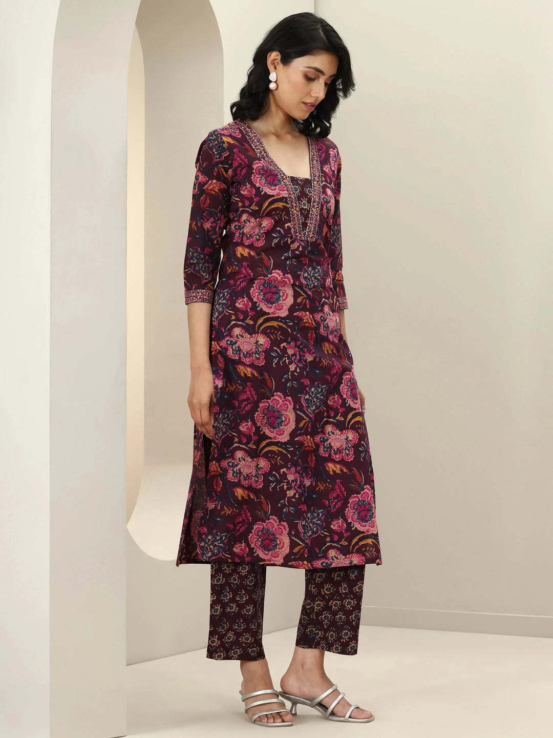  Burgundy Printed Cotton Straight Suit Sets With Dupatta 