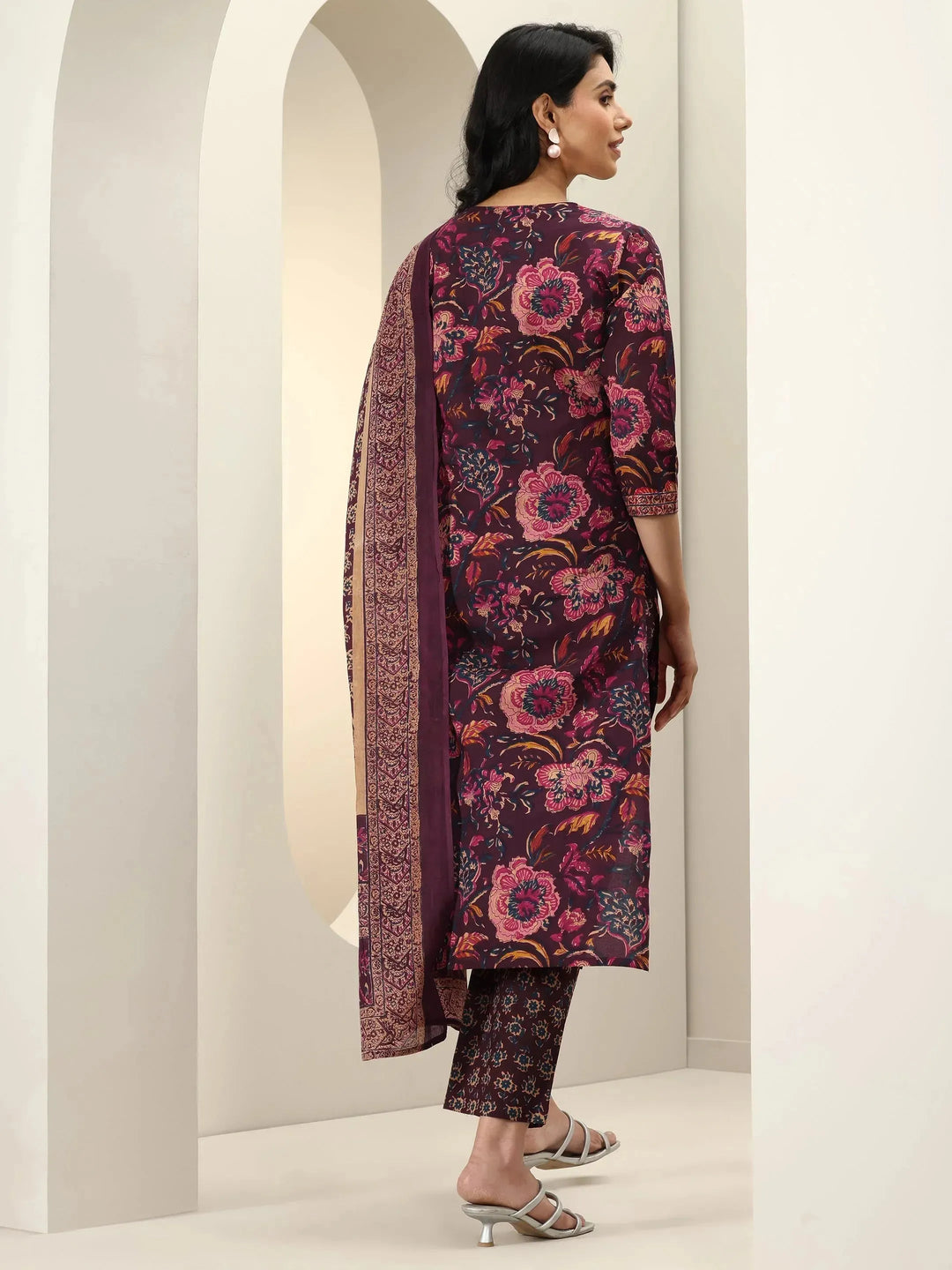  Burgundy Printed Cotton Straight Suit Sets With Dupatta 