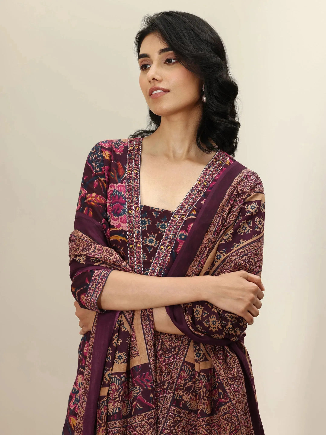 Burgundy Printed Cotton Straight Suit Sets With Dupatta 