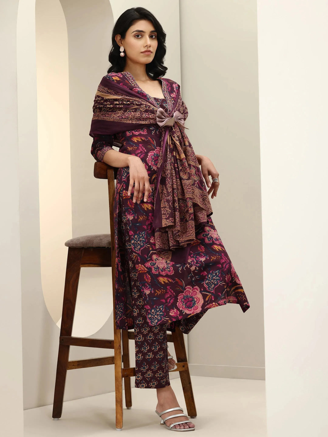  Burgundy Printed Cotton Straight Suit Sets With Dupatta 