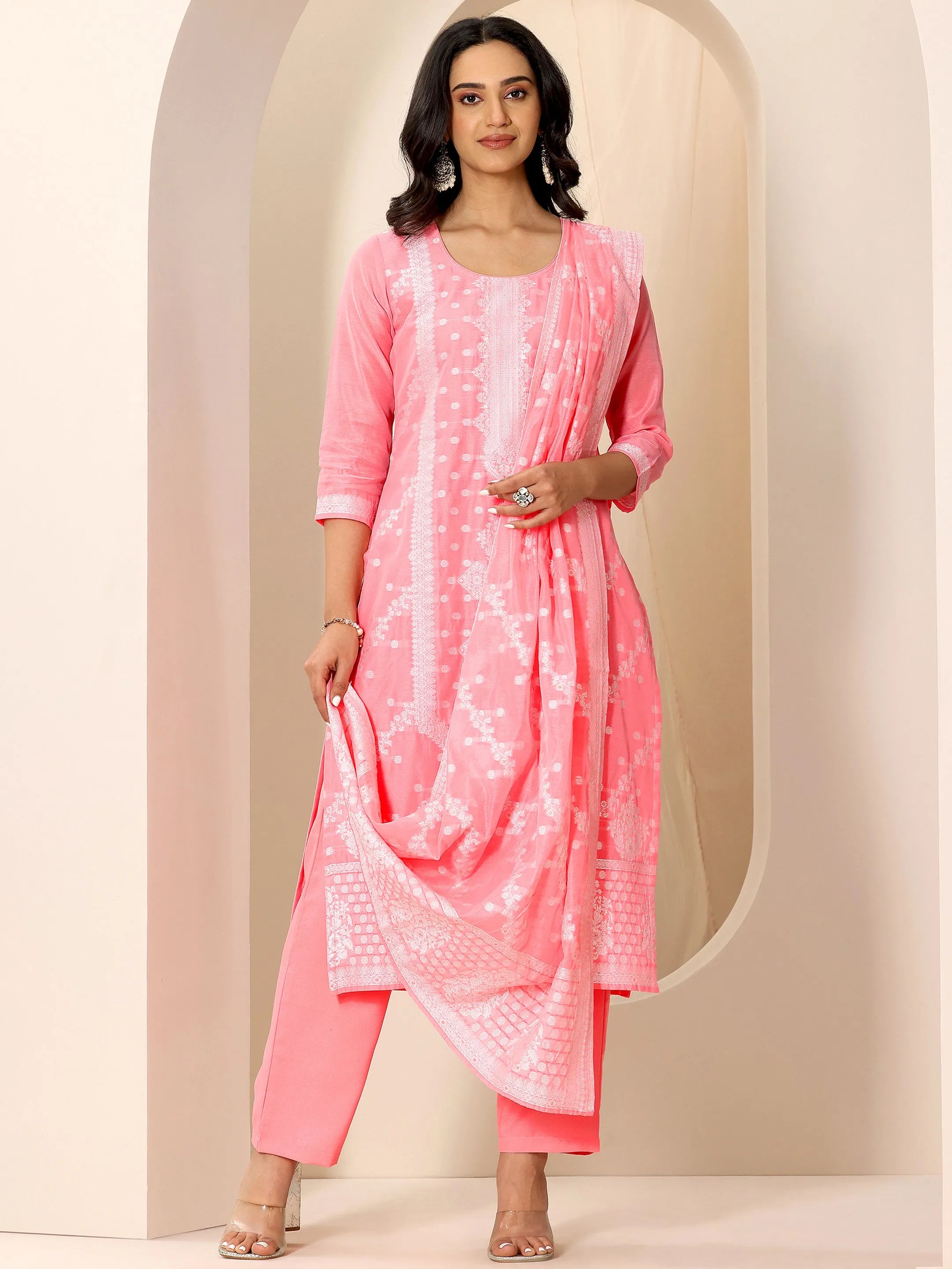 libas Pink Woven Design Chanderi Silk Straight Suit Set With Dupatta-picture-49