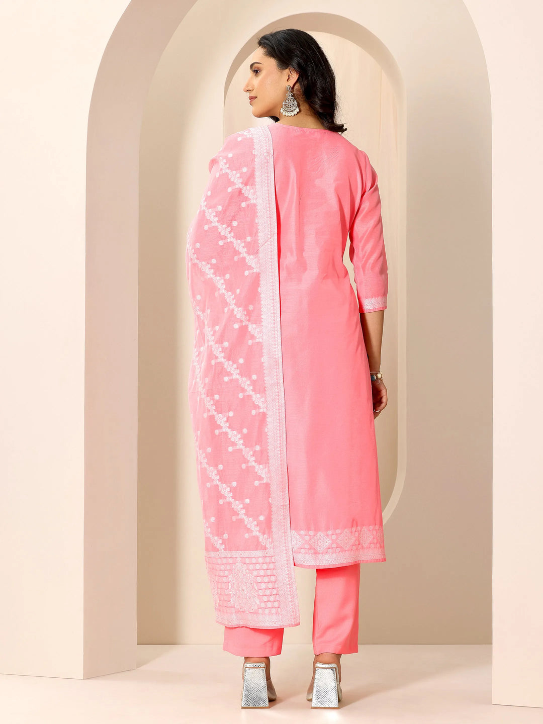  Pink Woven Design Chanderi Silk Straight Suit Set With Dupatta 