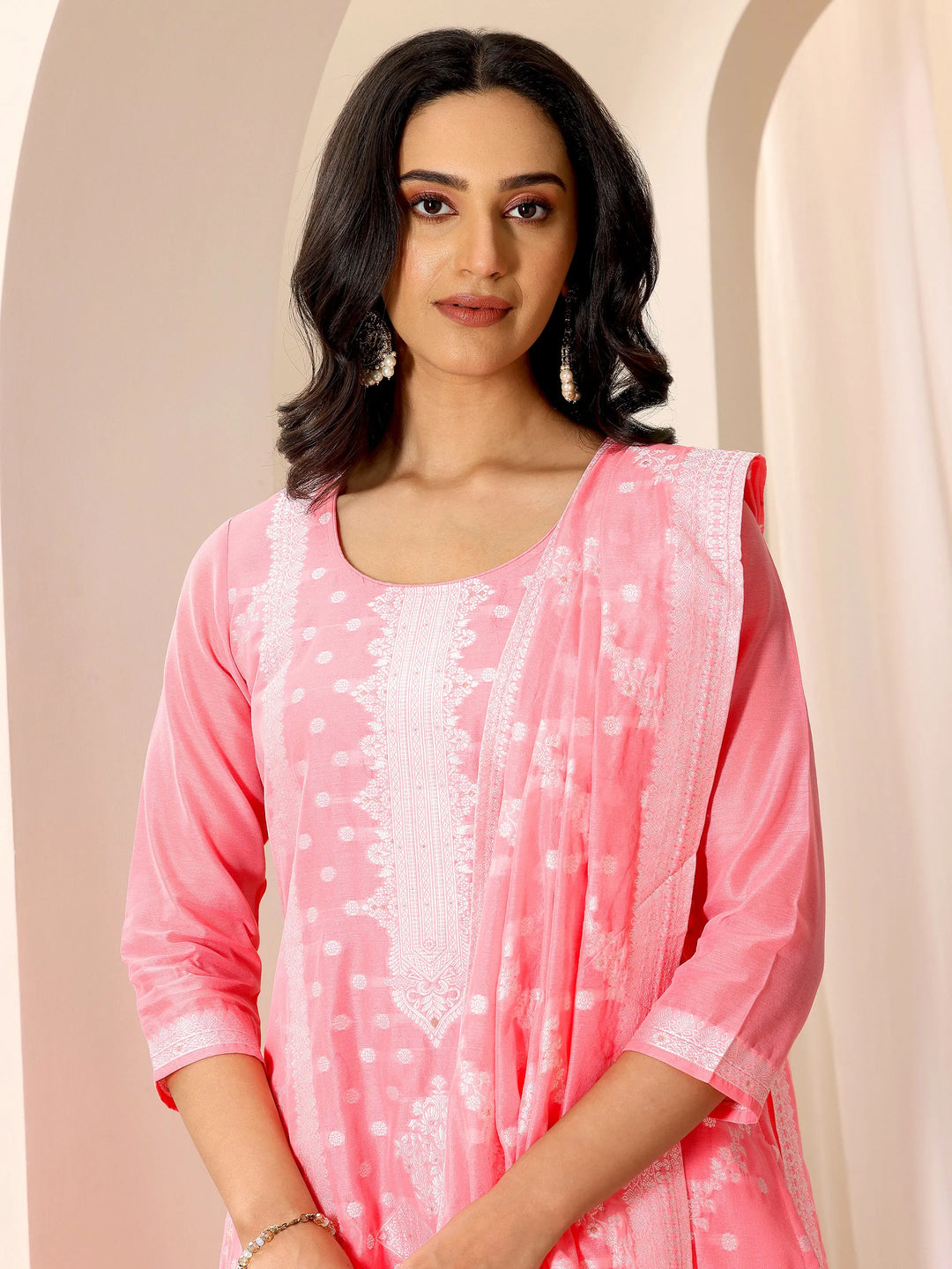  Pink Woven Design Chanderi Silk Straight Suit Set With Dupatta 