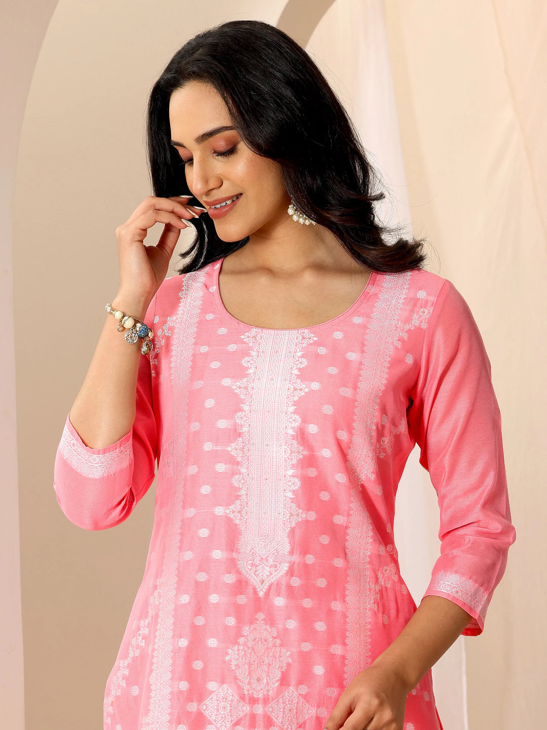  Pink Woven Design Chanderi Silk Straight Suit Set With Dupatta 