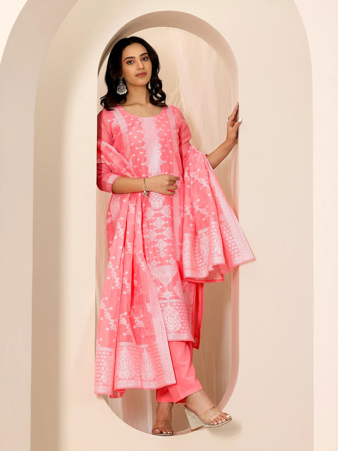  Pink Woven Design Chanderi Silk Straight Suit Set With Dupatta 