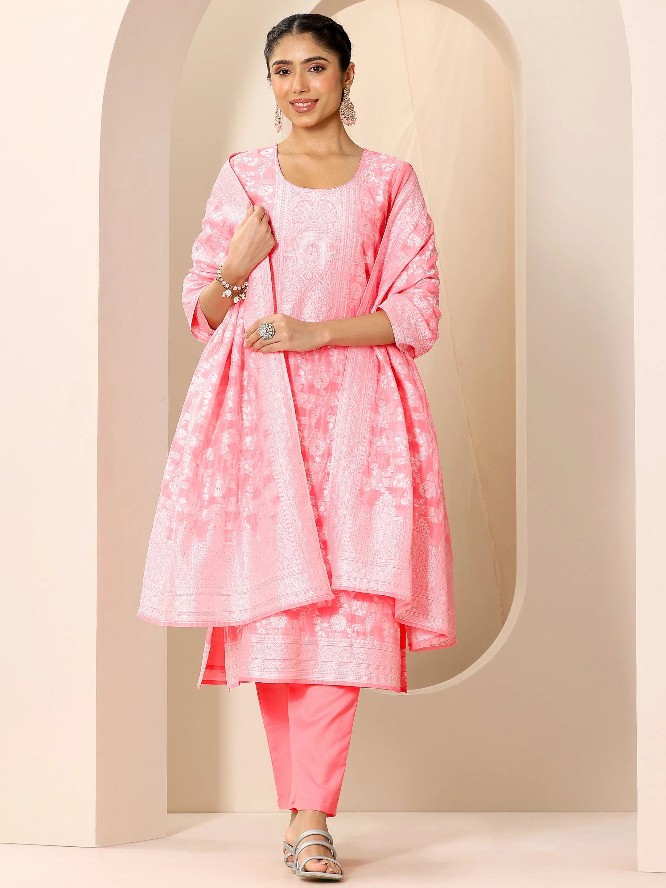 libas Pink Woven Design Chanderi Silk Straight Suit Set With Dupatta-picture-37