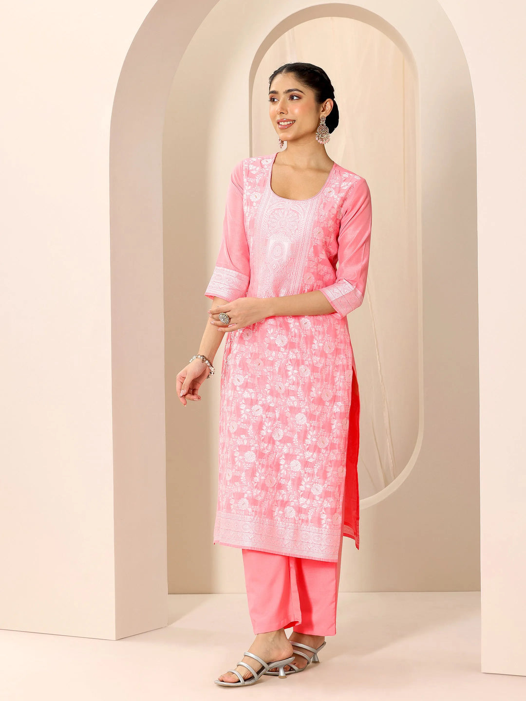  Pink Woven Design Chanderi Silk Straight Suit Set With Dupatta 