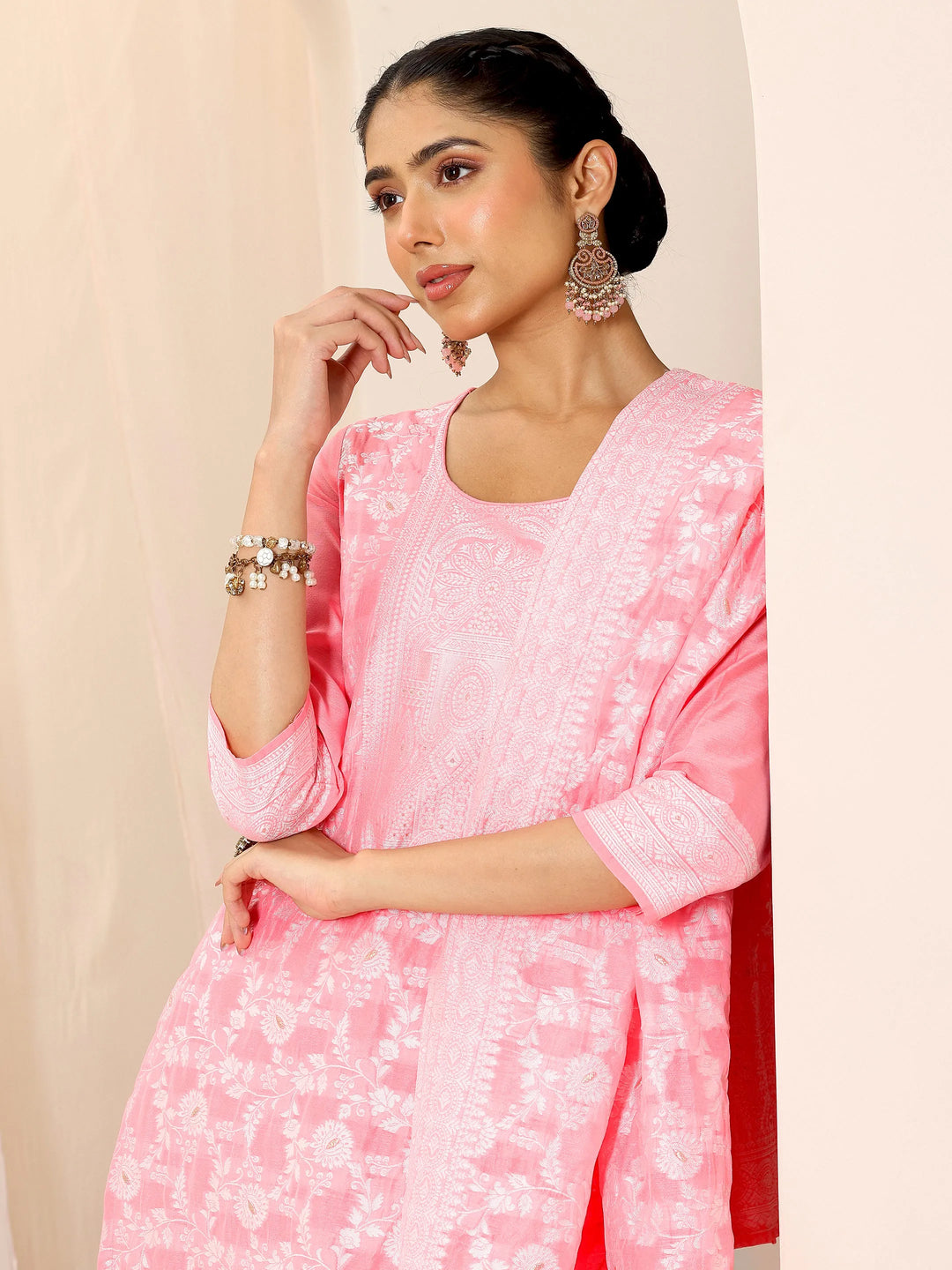  Pink Woven Design Chanderi Silk Straight Suit Set With Dupatta 
